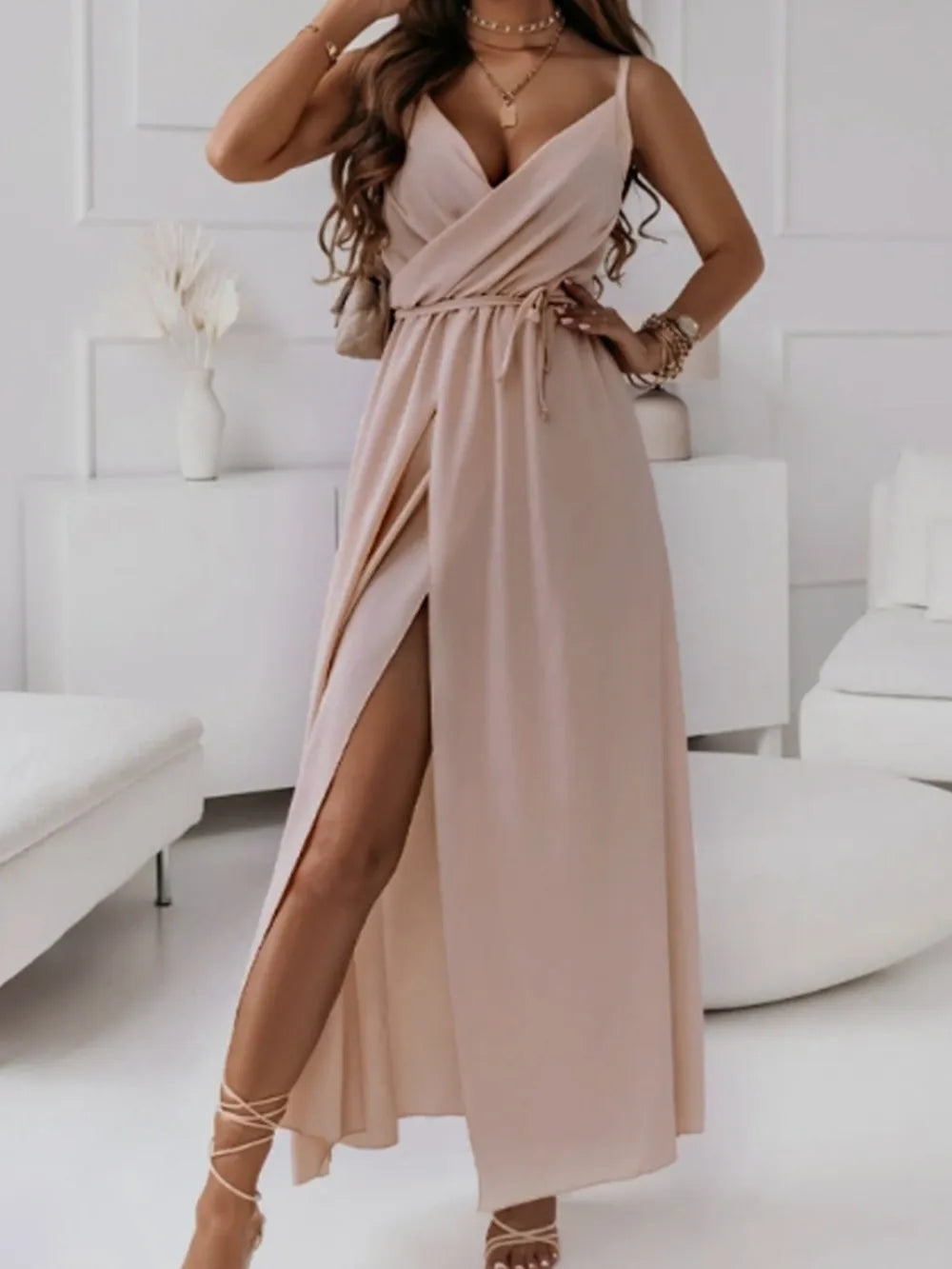 Tied Surplice Cami Dress in Pale Blush