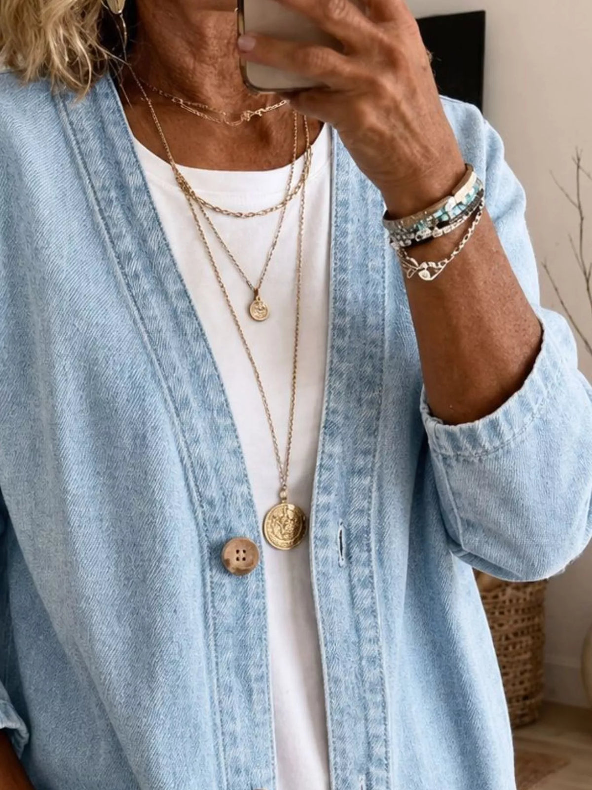 V-Neck Button-Down Denim Jacket by Invera