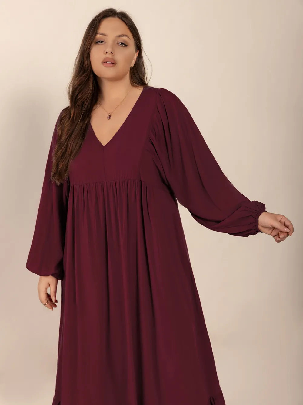 Ruffled Hem V-Neck Balloon Sleeve Dress in Burgundy