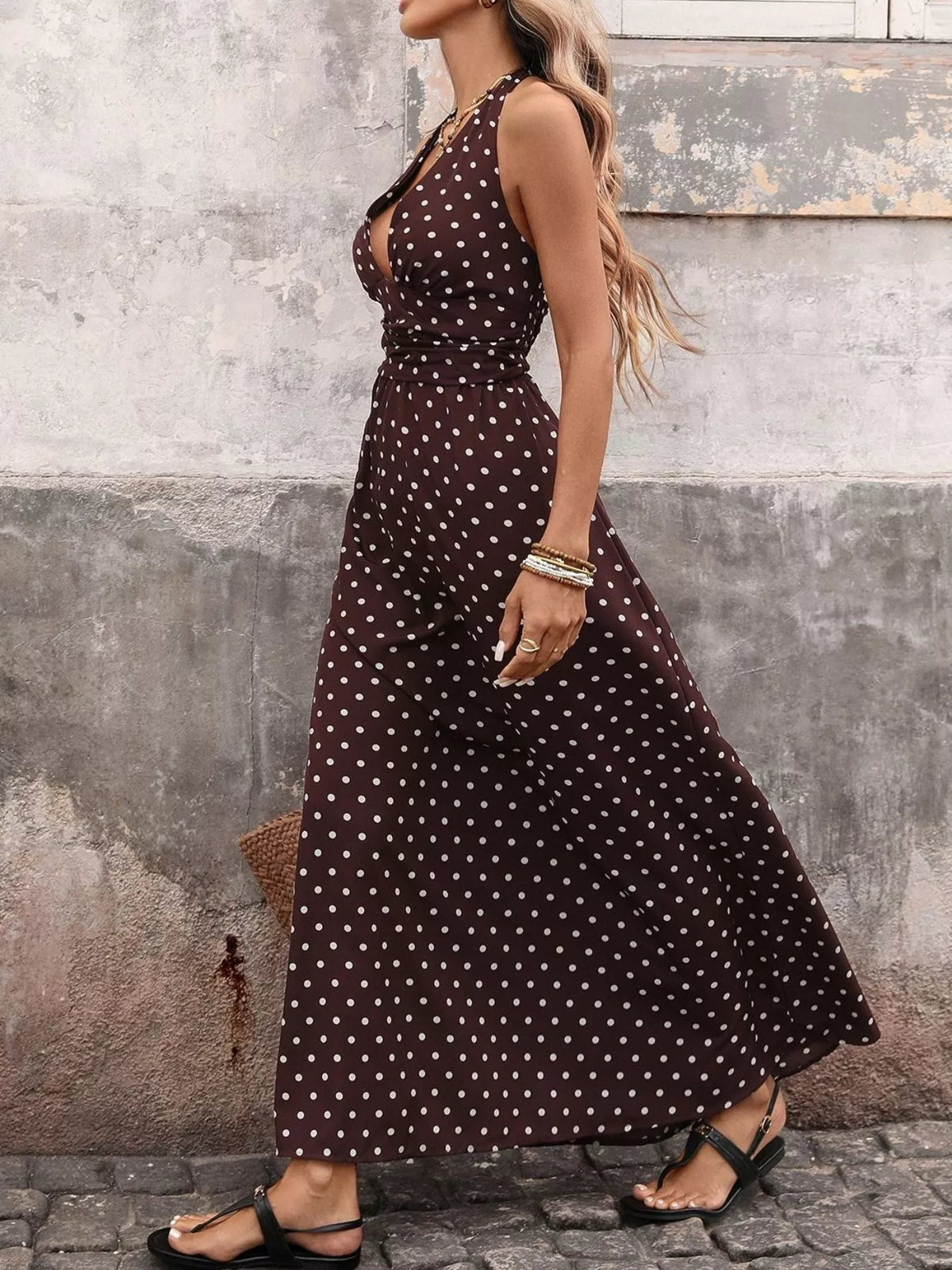 Halter Neck Polka Dot Maxi Dress in Brown