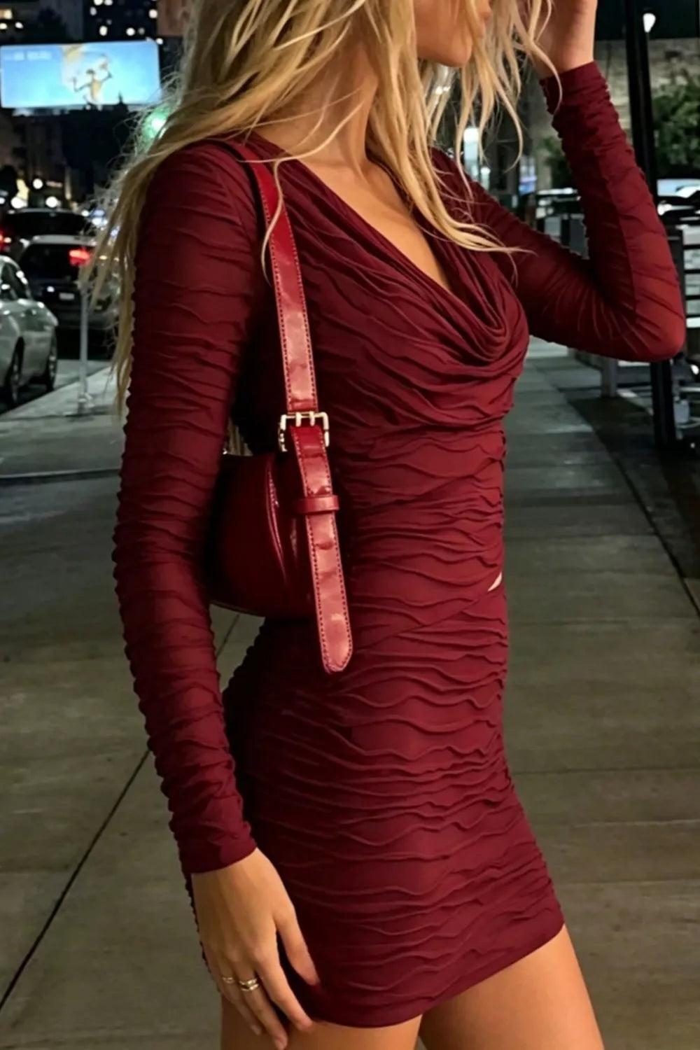 Ruched Cutout Cowl Neck Long Sleeve Mini Dress in Burgundy
