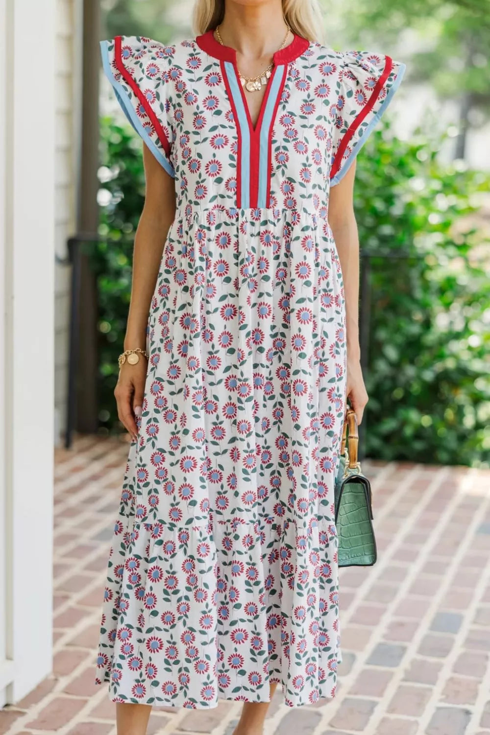 Ruffle Sleeve Tiered Midi Dress in Strawberry