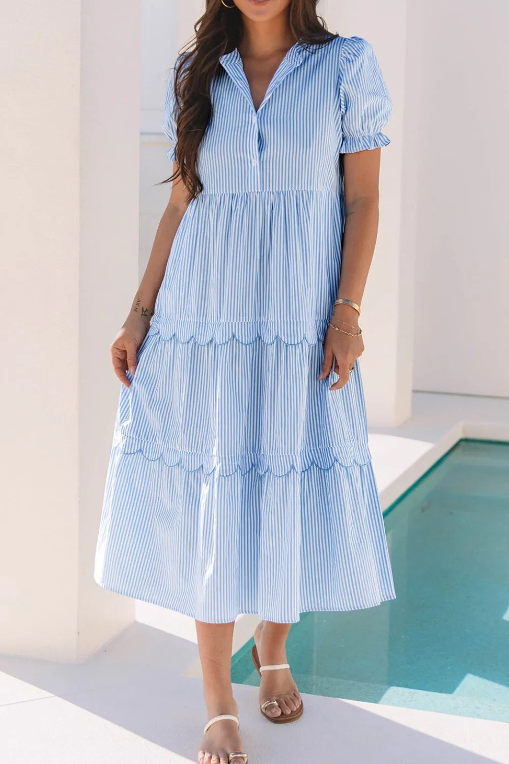 Striped Scallop Tiered Midi Dress in Light Blue