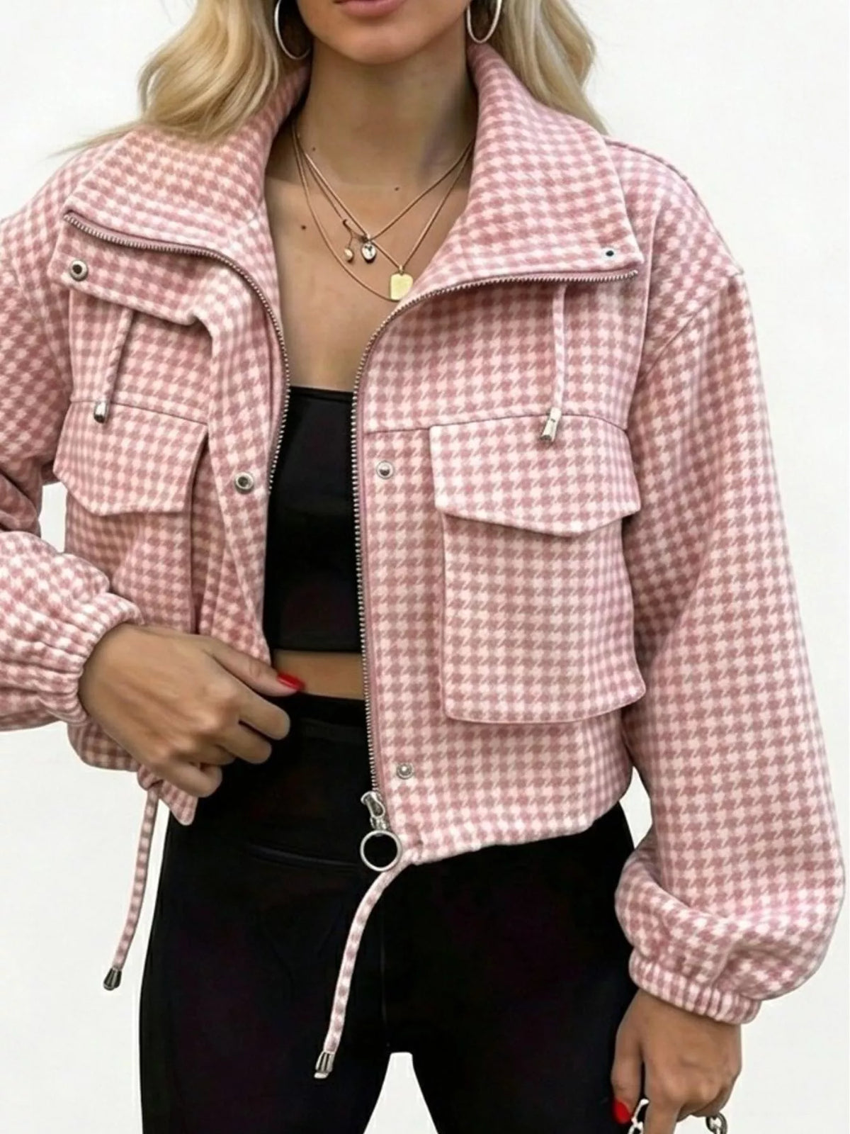 Plaid Cropped Zip-Up Jacket