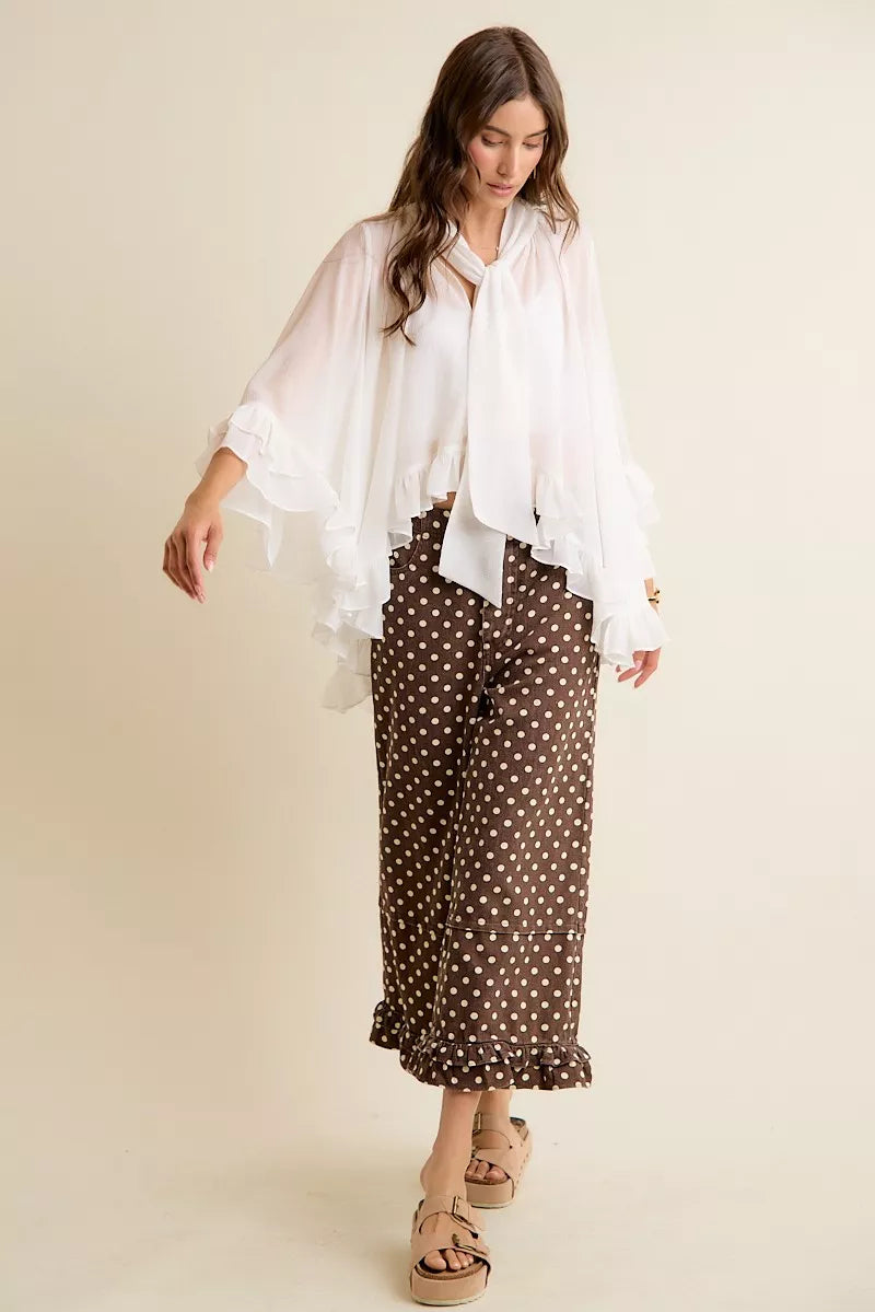 So Me Sheer Ruffle Bell-Sleeve Blouse in White