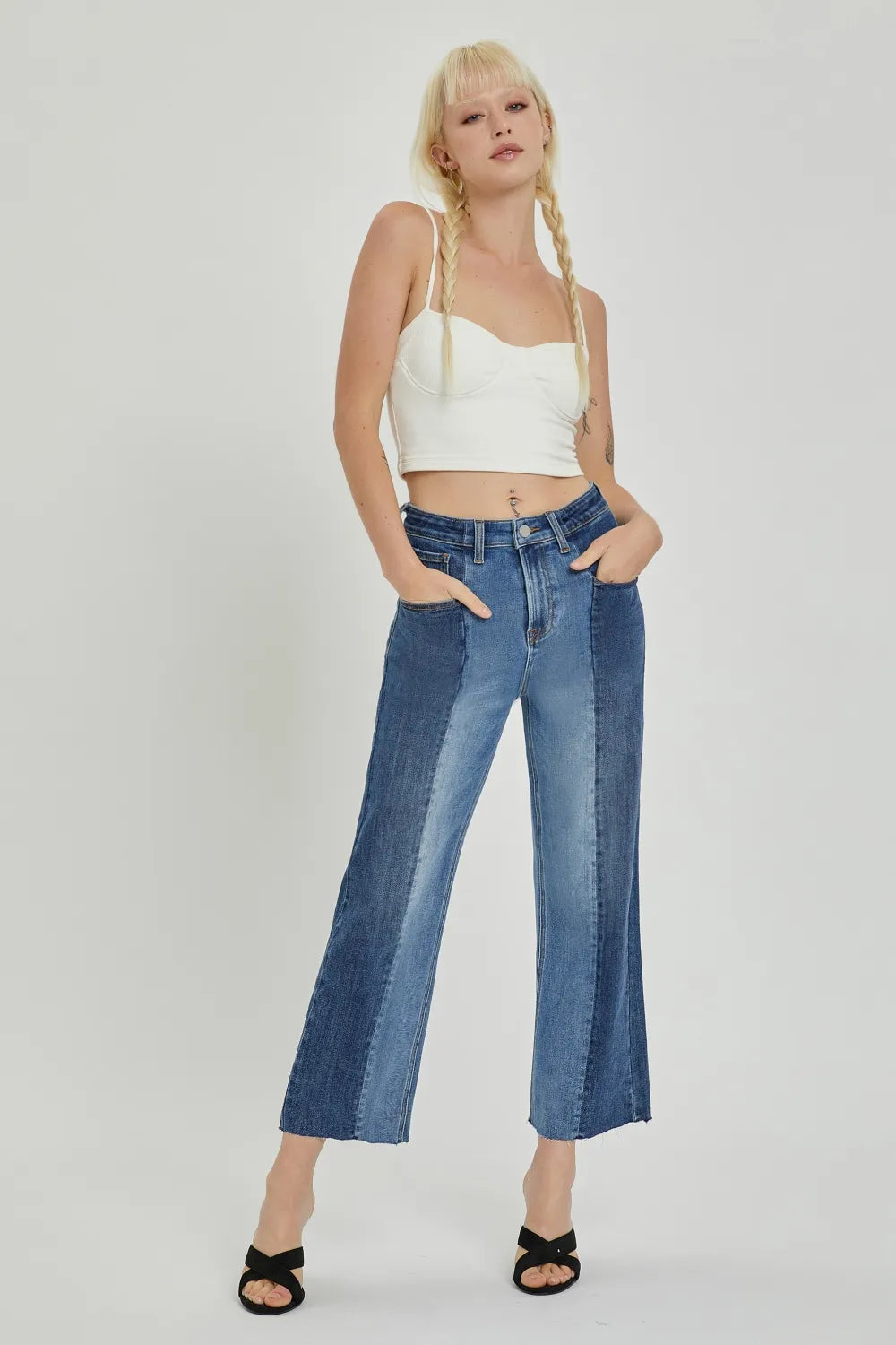 Risen Mid-Rise Two-Tone Jeans in Dark Combo