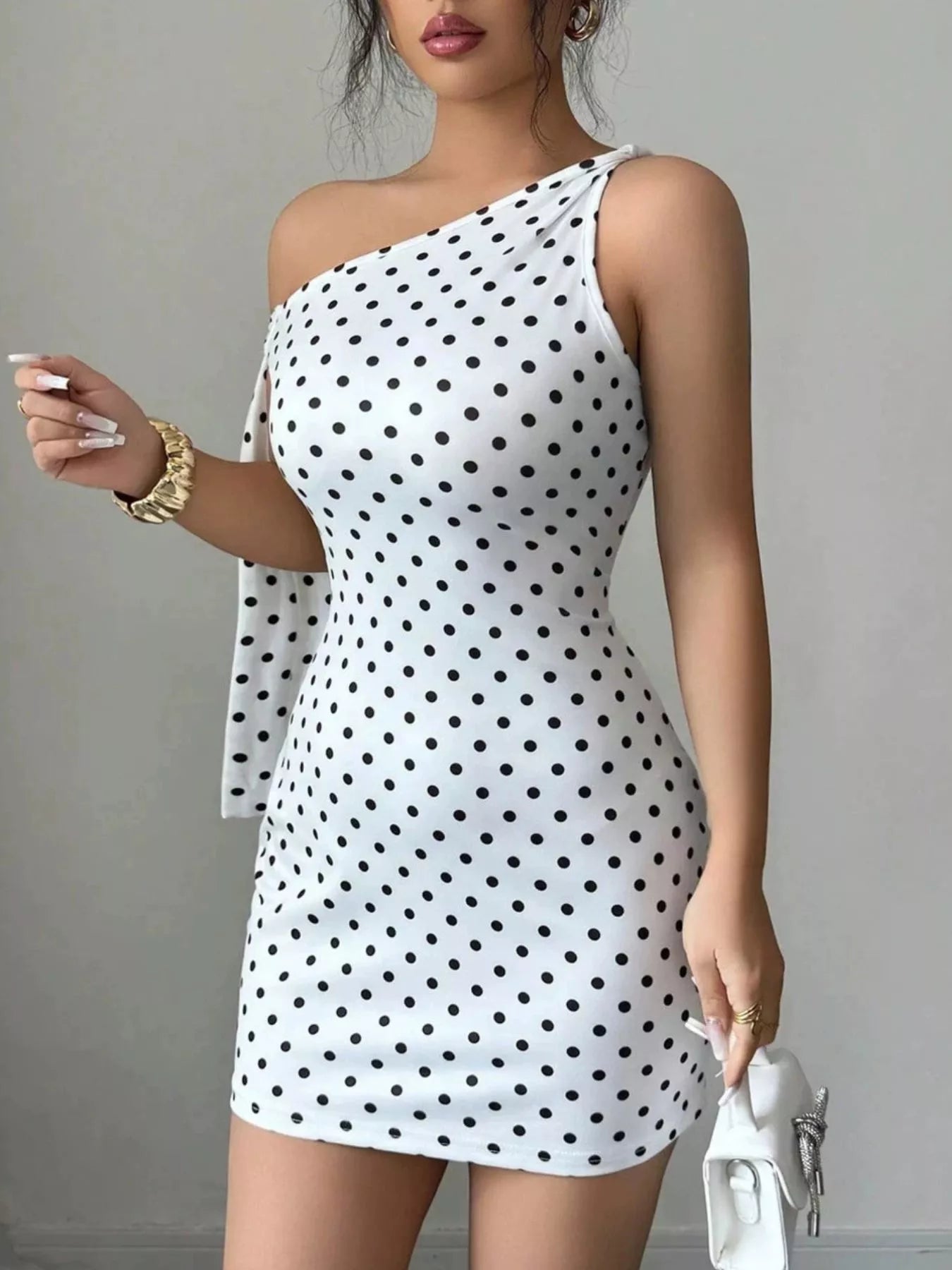 One-Shoulder Polka Dot Bodycon Mini Dress in White