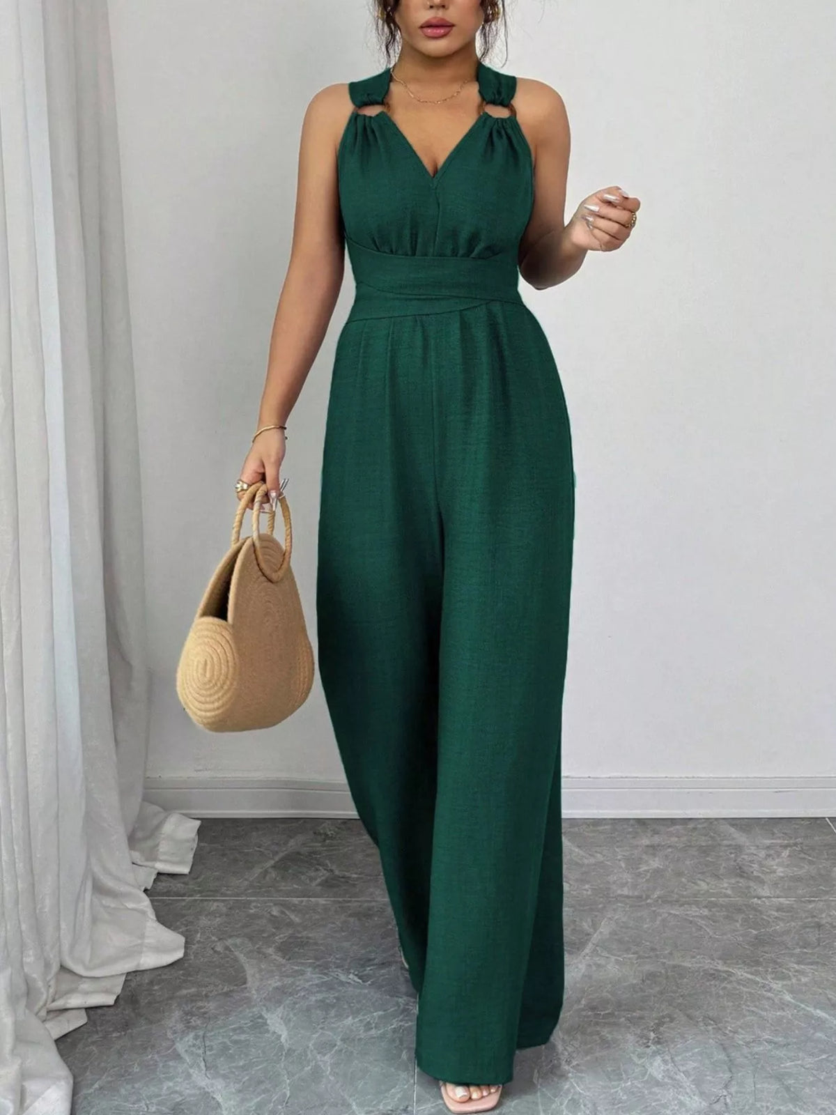 Sleeveless V-Neck Wide-Leg Jumpsuit with O-Ring Detail