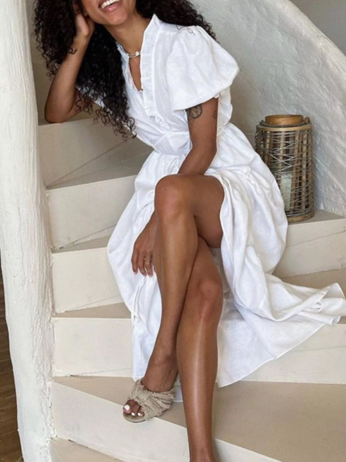 Tie Waist Puff Sleeve Maxi Dress with Frill Detail
