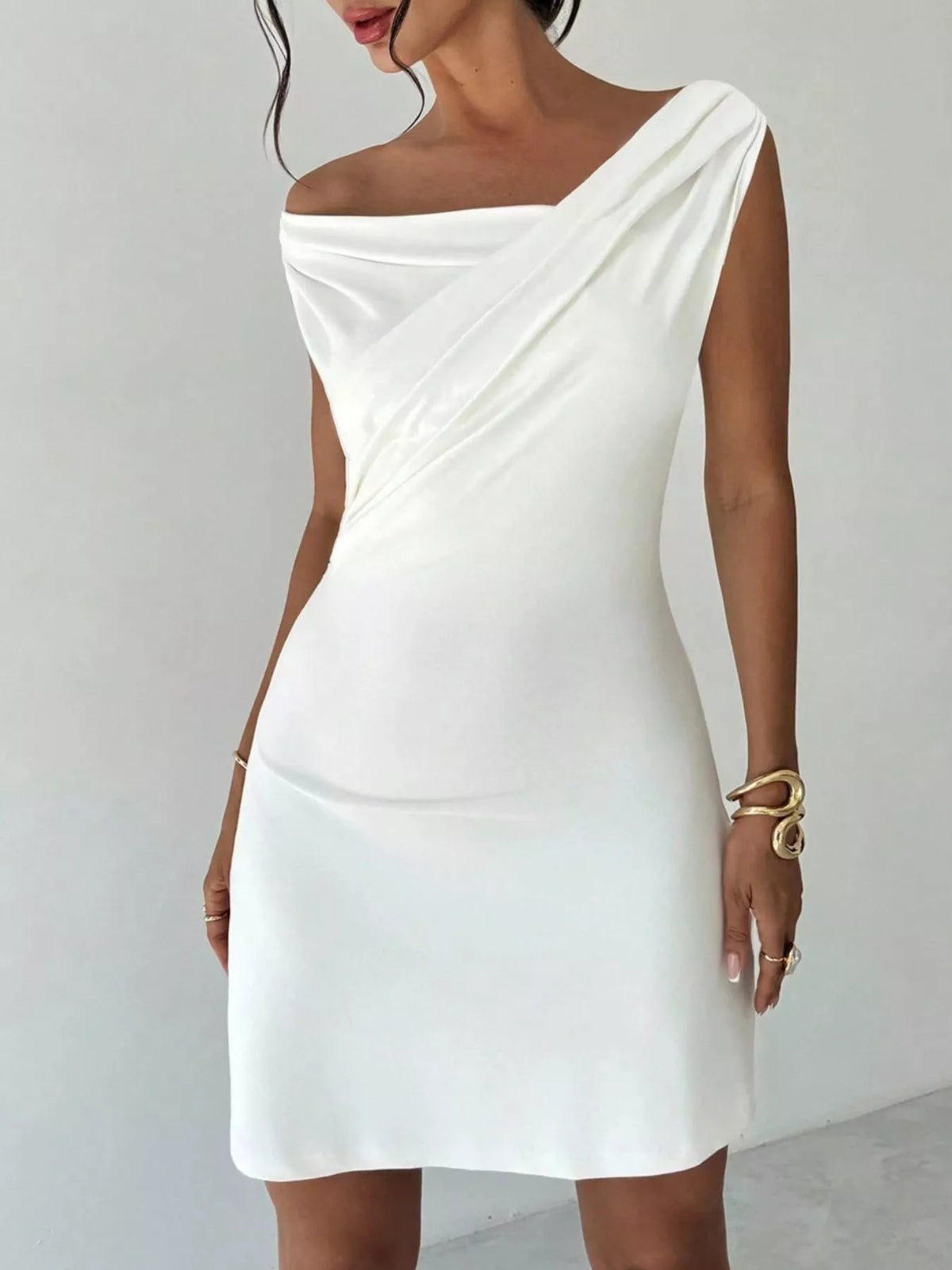 Off-Shoulder Draped Mini Dress in White