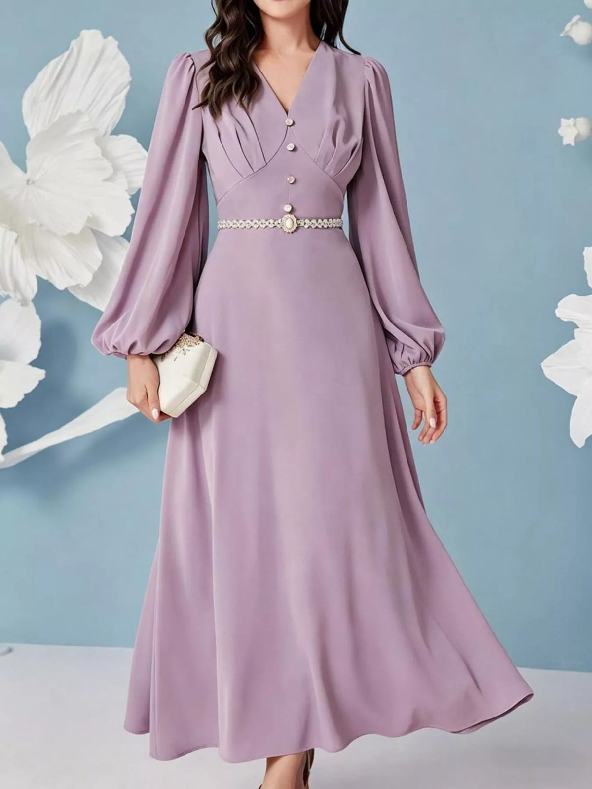 V-Neck Balloon Sleeve Maxi Dress in Lavender