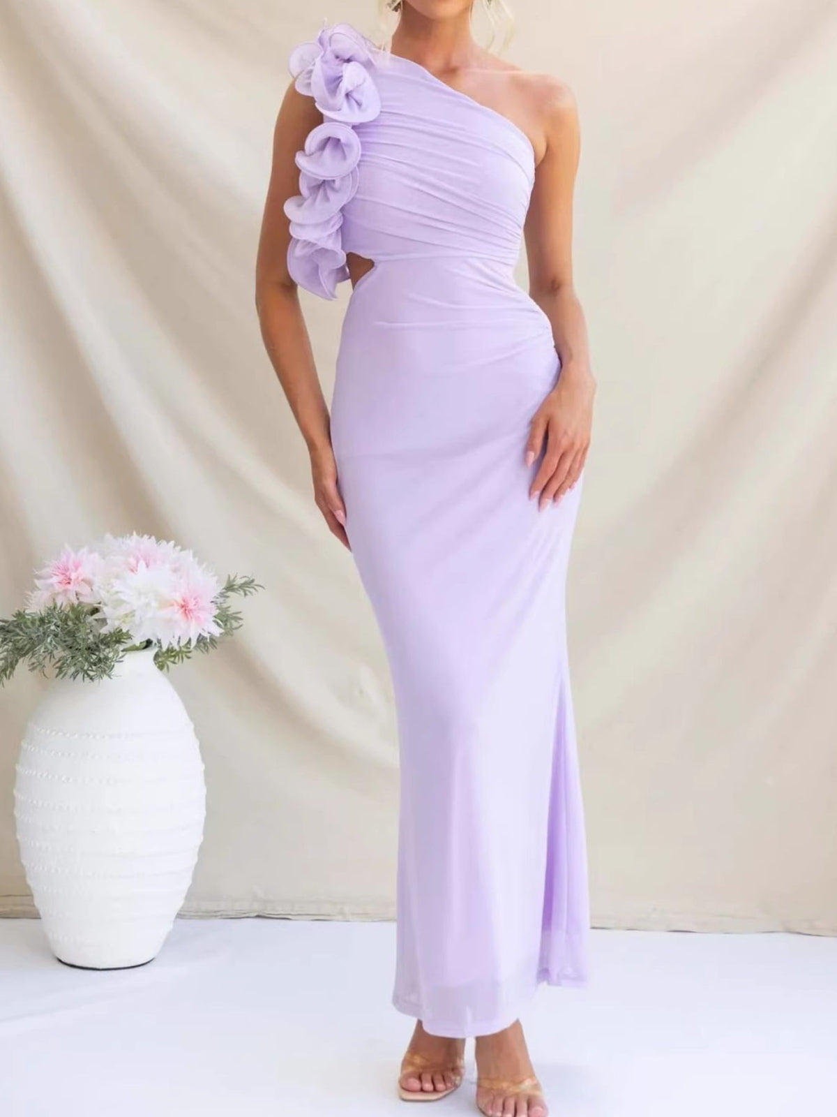 One-Shoulder Floral Trim Maxi Dress