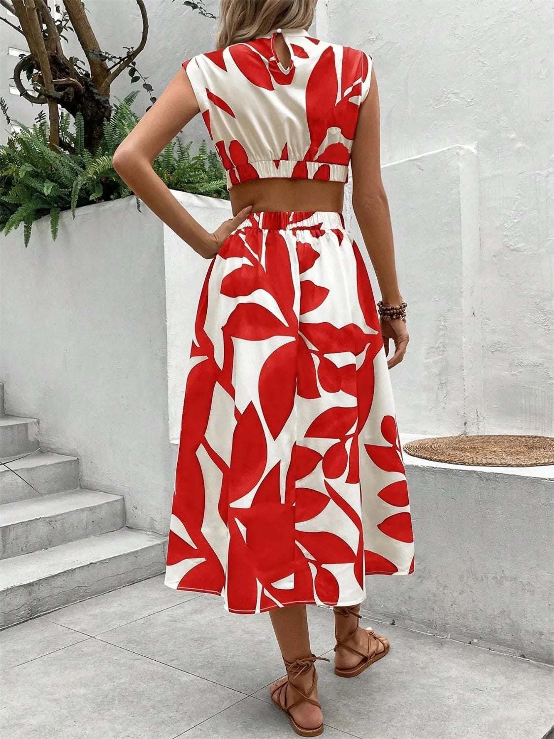 Cutout Cap Sleeve Printed Midi Dress