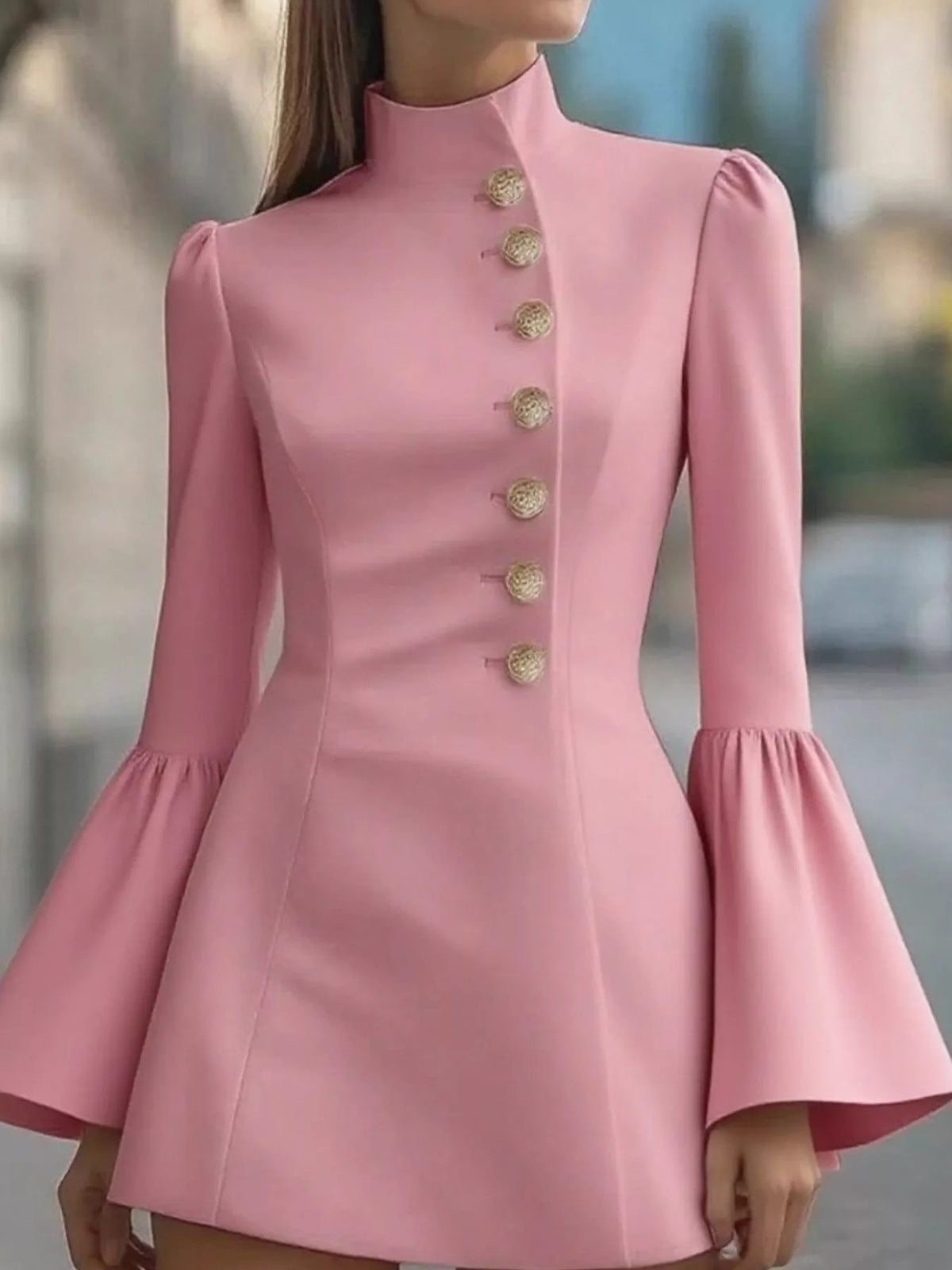 Bell Sleeve Mini Dress with Front Buttons