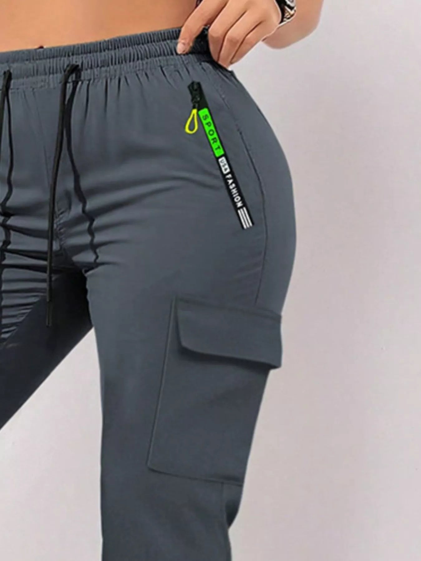 Drawstring Cargo Pants with Zip Pocket