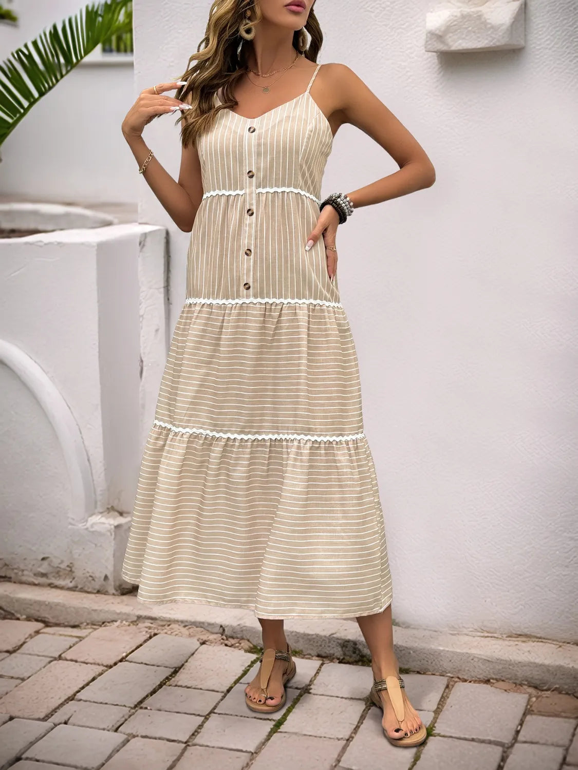 Striped V-Neck Cami Dress in Tan