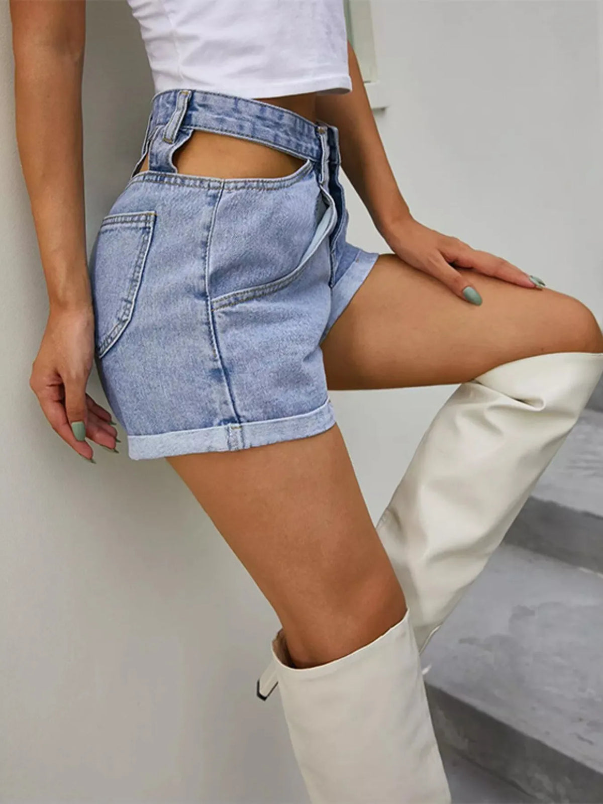 High-Waisted Cutout Denim Shorts in Blue