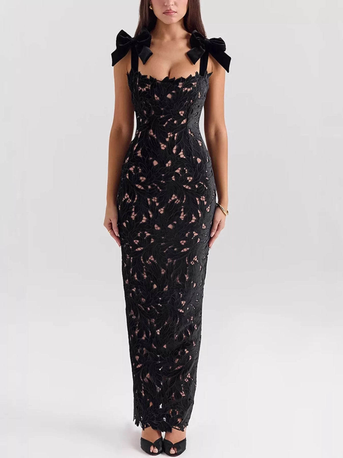 Tie Shoulder Lace Cutout Maxi Dress