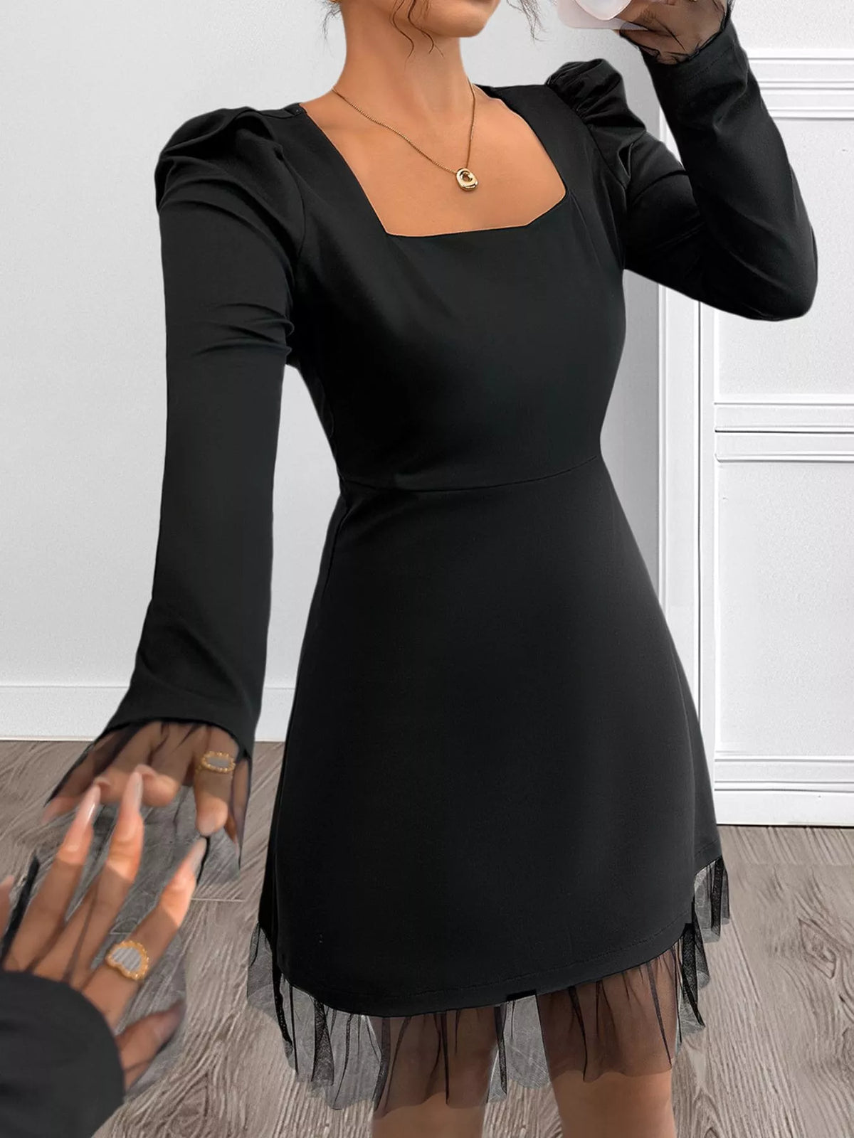 Square Neck Puff Sleeve Dress in Black