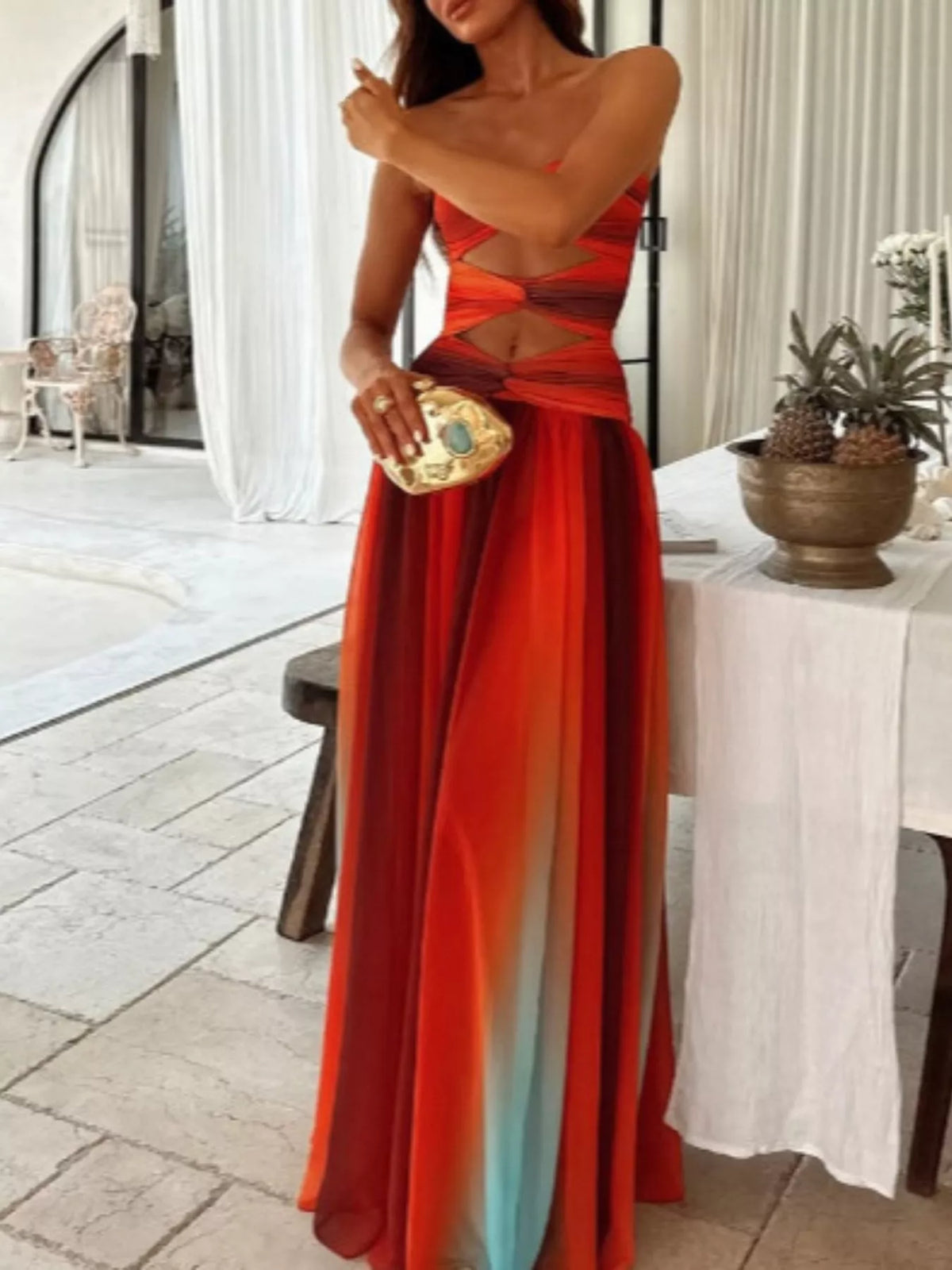 Strapless Cutout Maxi Dress in Orange-Red