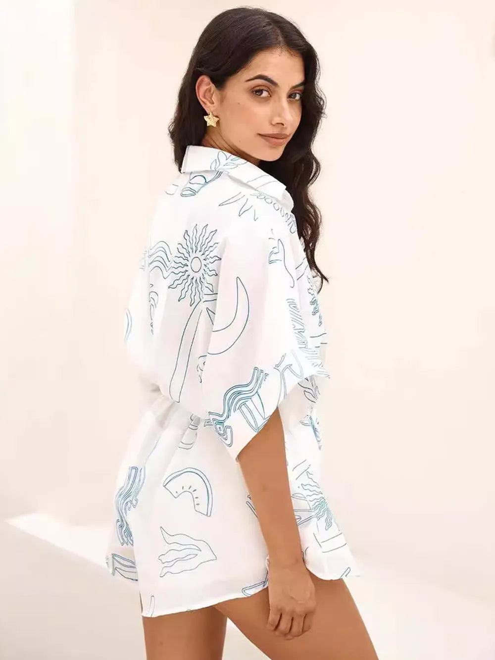 Printed Collared Half Sleeve Romper in White