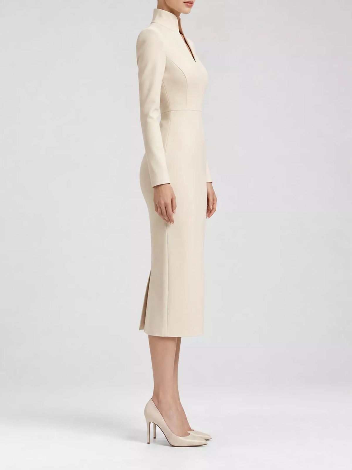 Plus Size Stand-Collar Long-Sleeve Midi Dress