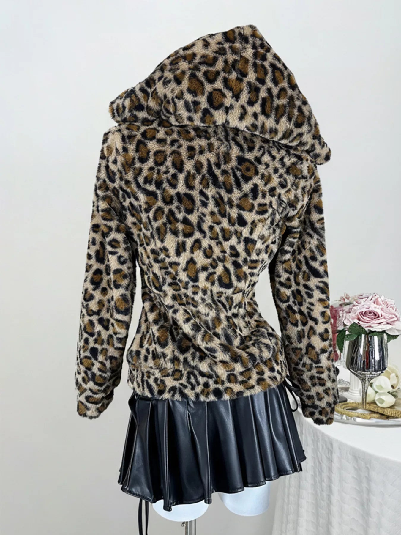 Leopard Plush Hooded Zip-Up Jacket in Brown