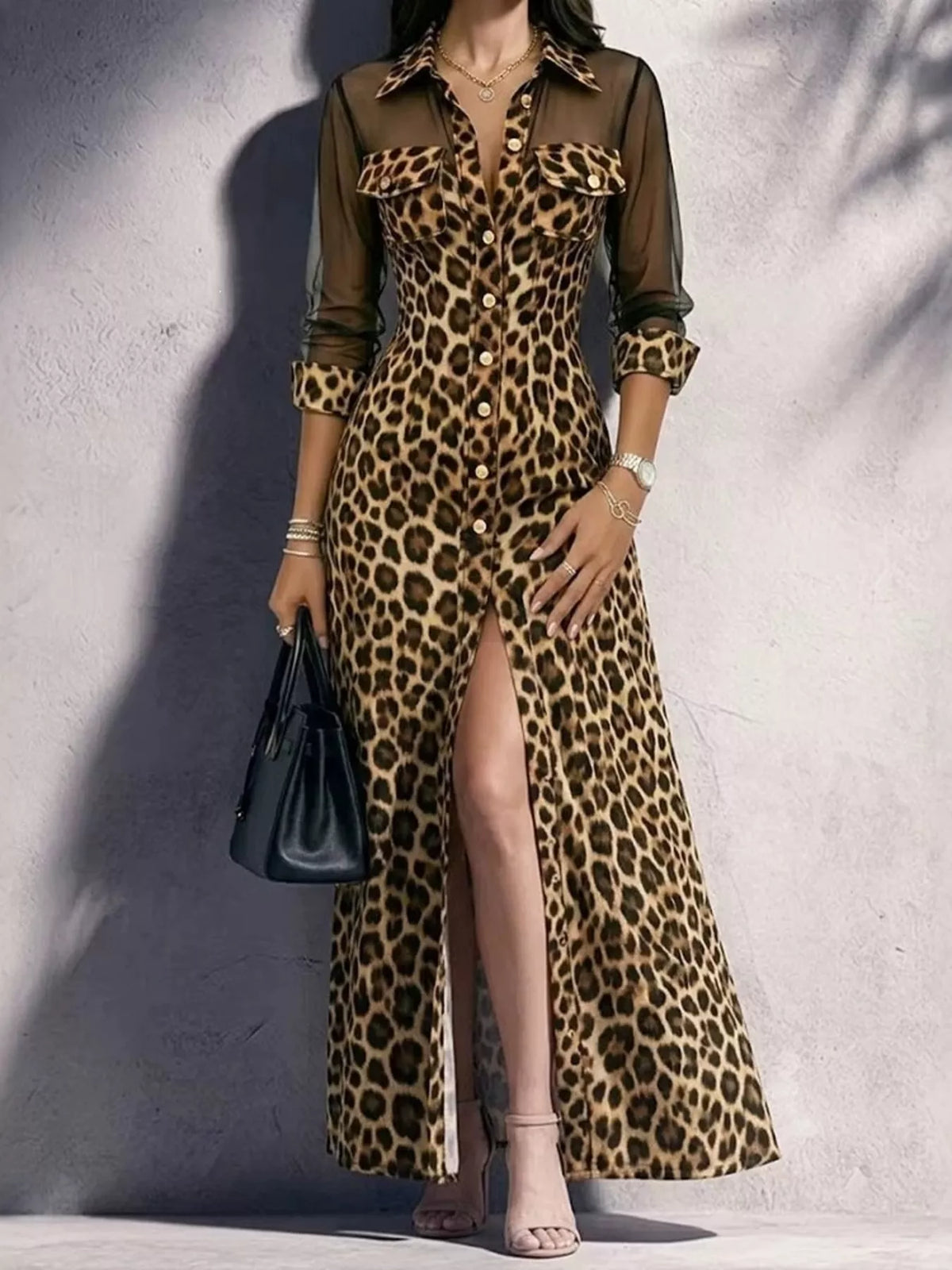Leopard Sheer Mesh Button-Down Maxi Dress