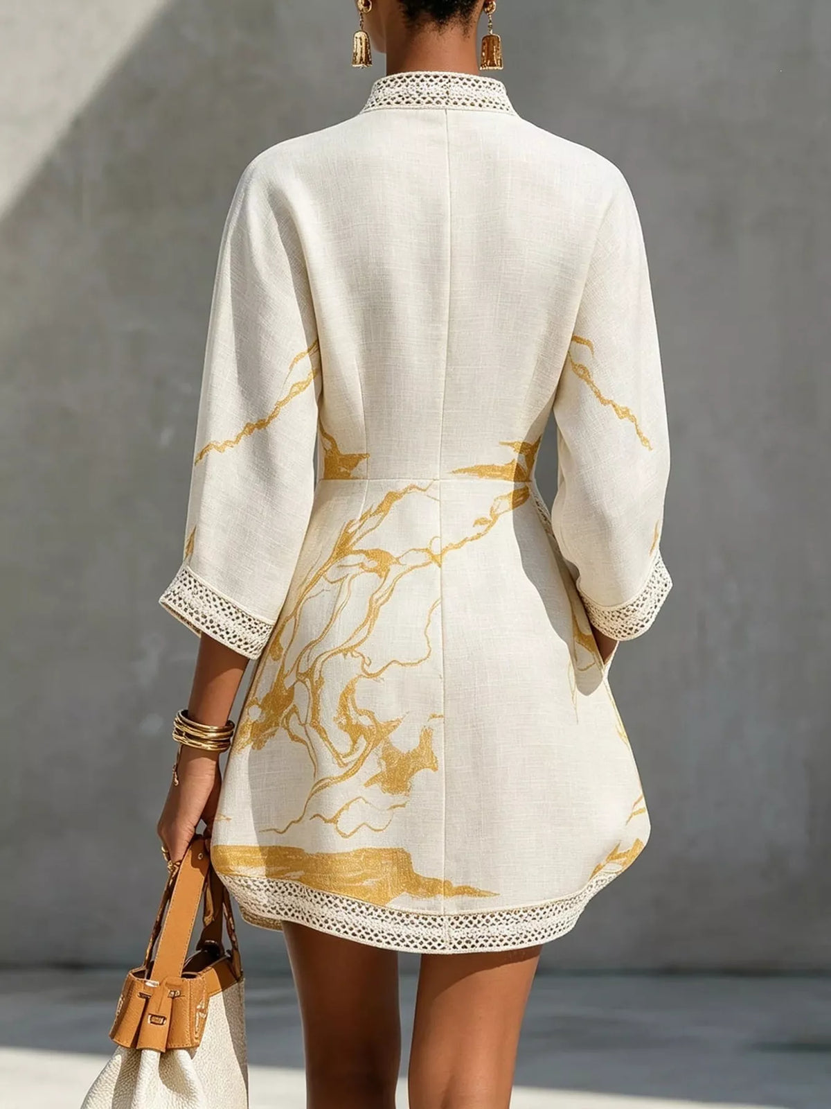 Notched 3/4 Sleeve Lace Mini Dress