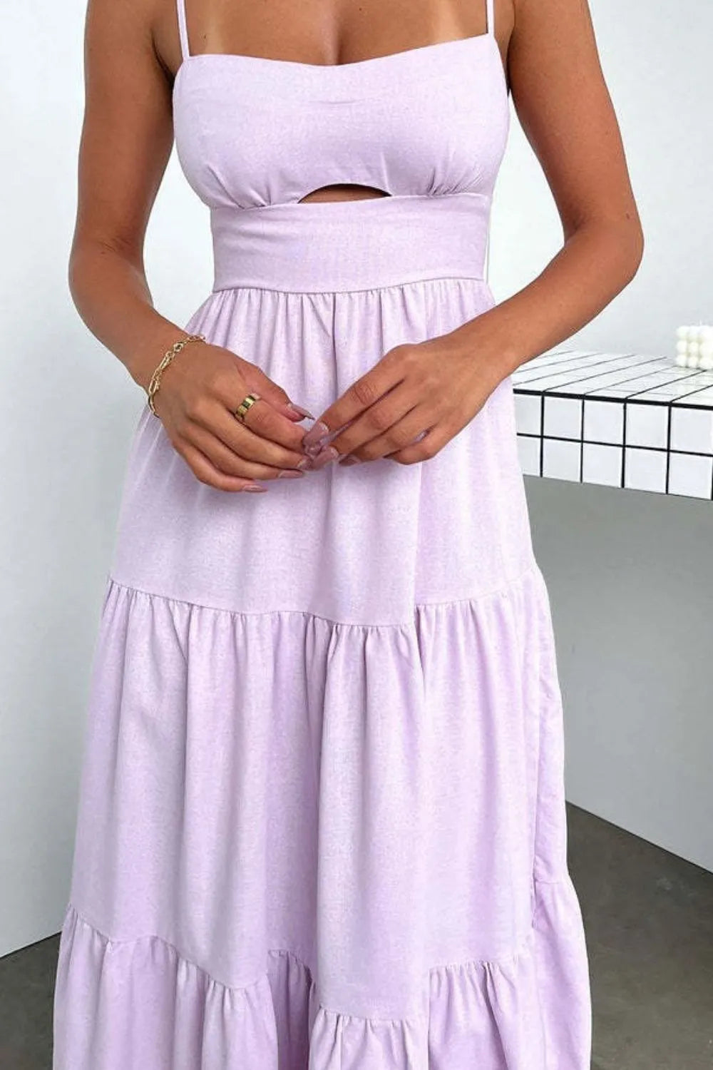 Cutout Tiered Dress with Spaghetti Straps by Shenori