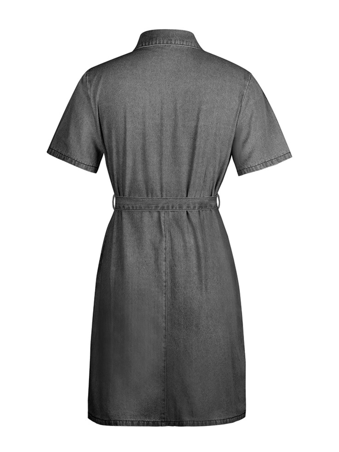 Zip-Front Short Sleeve Denim Dress by Yolan House