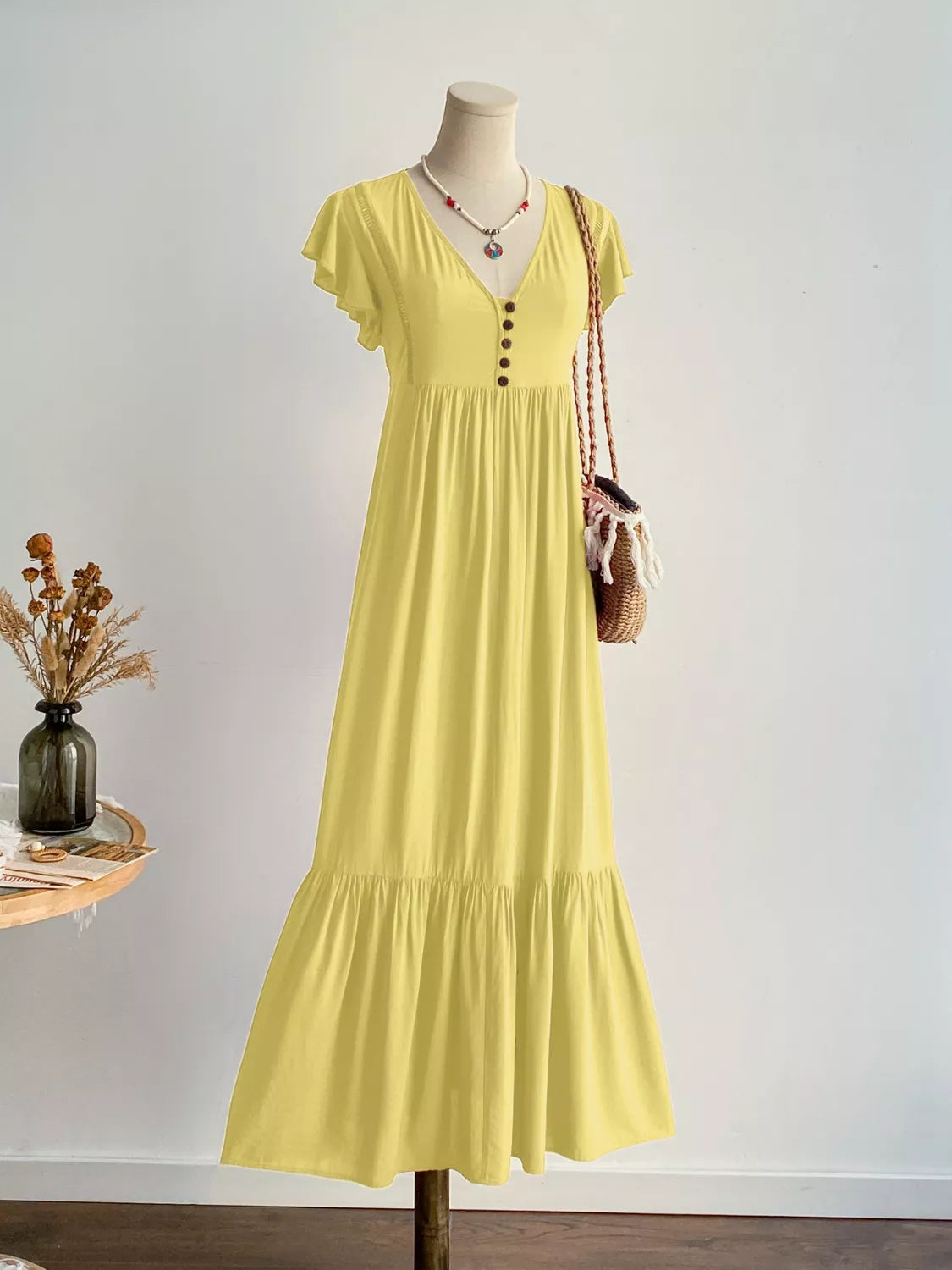 Flutter Sleeve Button-Front Maxi Dress in Yellow