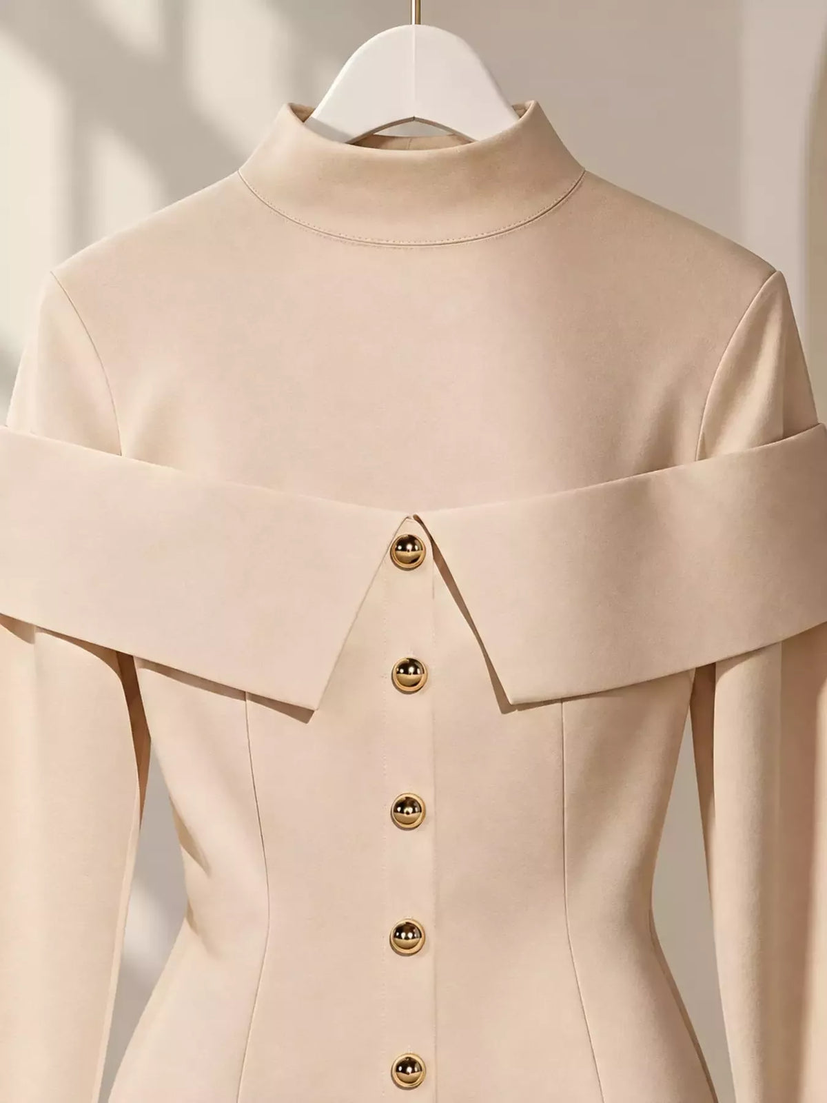Mock Neck Button Front Mini Dress in Eggshell