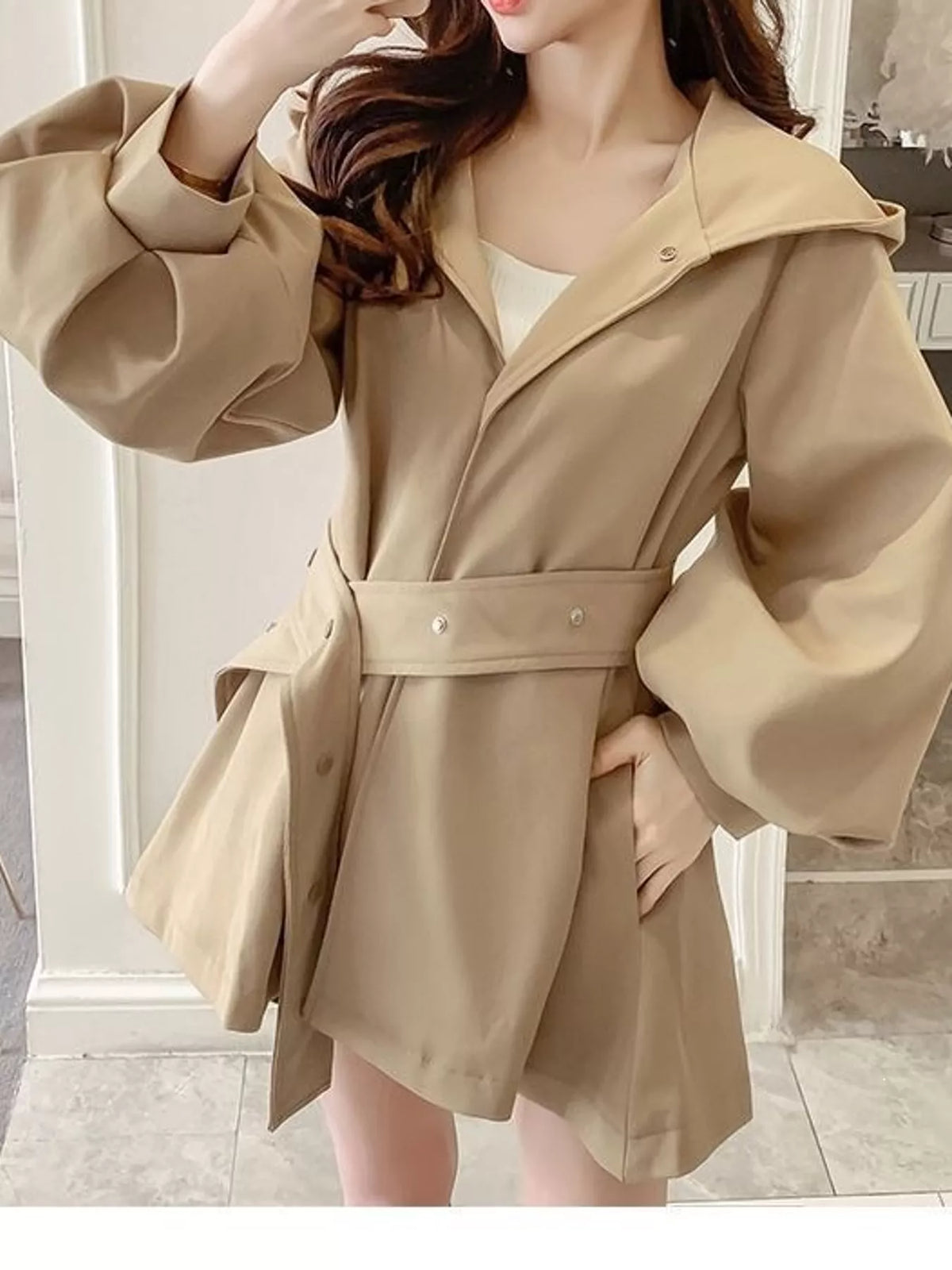 Lantern Sleeve Hooded Jacket with Belted Waist