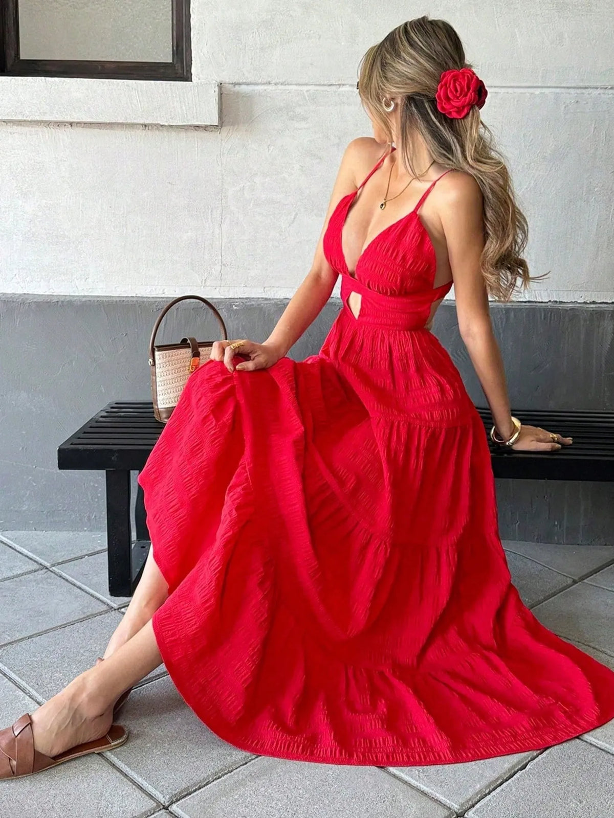Tiered Maxi Dress with Cutout Detail in Red