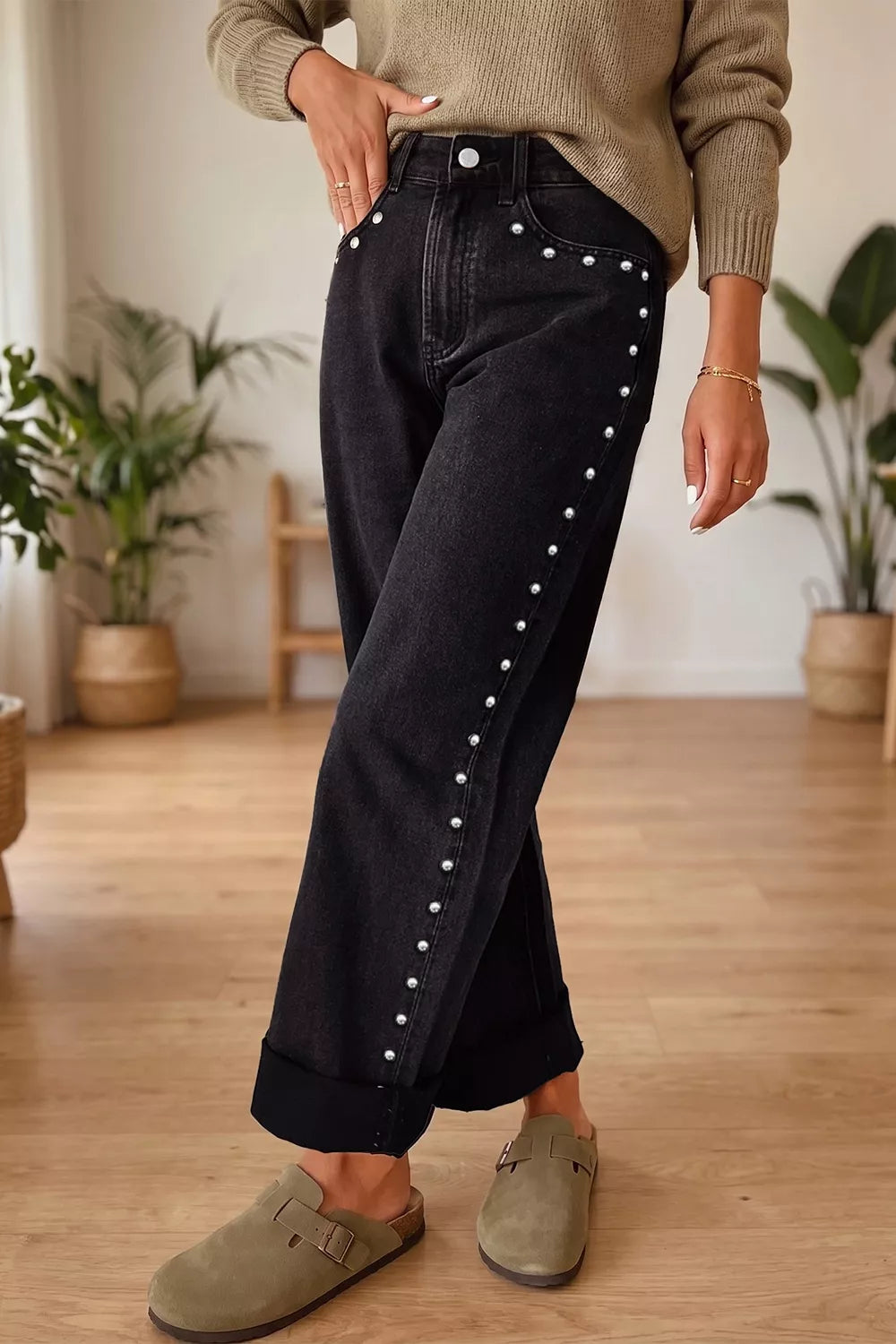 Studded Straight-Leg Jeans in Black