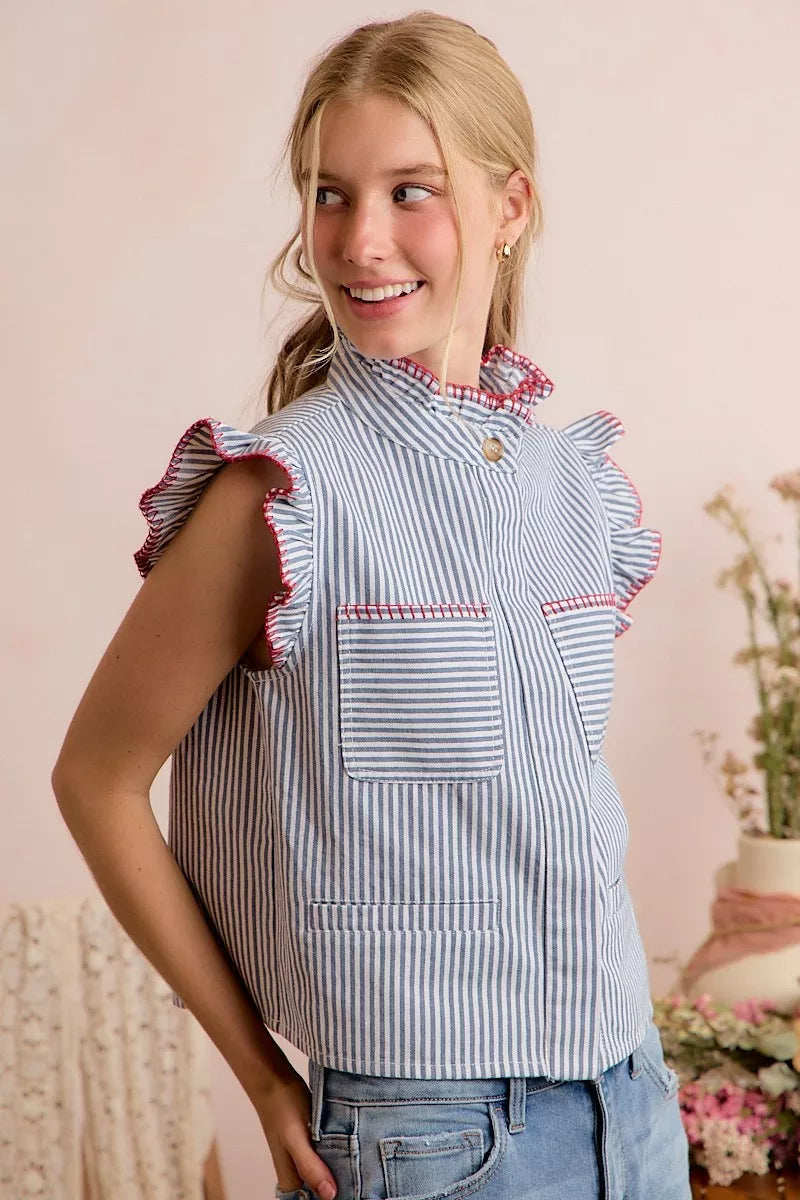 So Me Striped Ruffled Vest Top in Blue and Red in Blue/Red