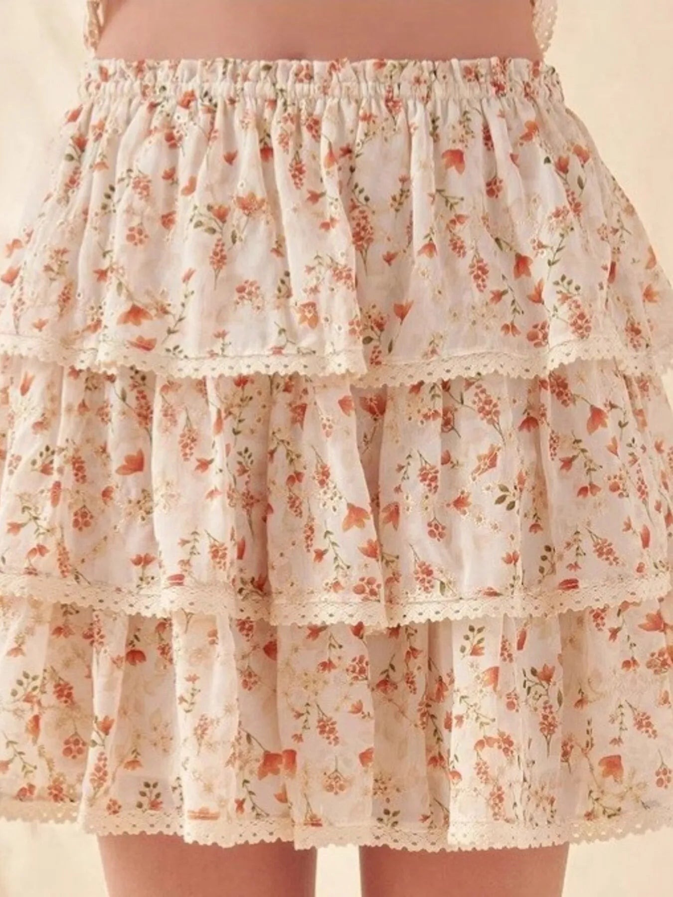 Floral Layered Ruffle Mini Skirt in Apricot