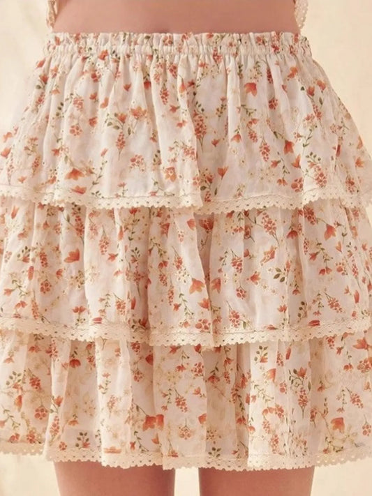 Floral Layered Ruffle Mini Skirt in Apricot