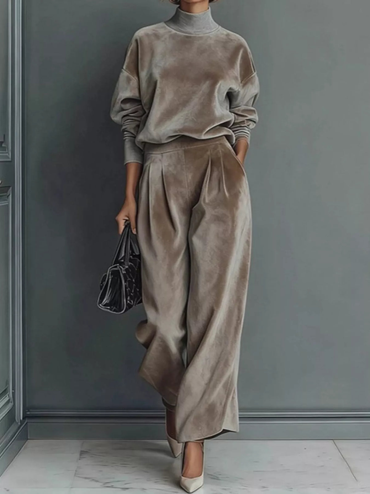 Velvet Mock Neck Top and Wide-Leg Pants Set