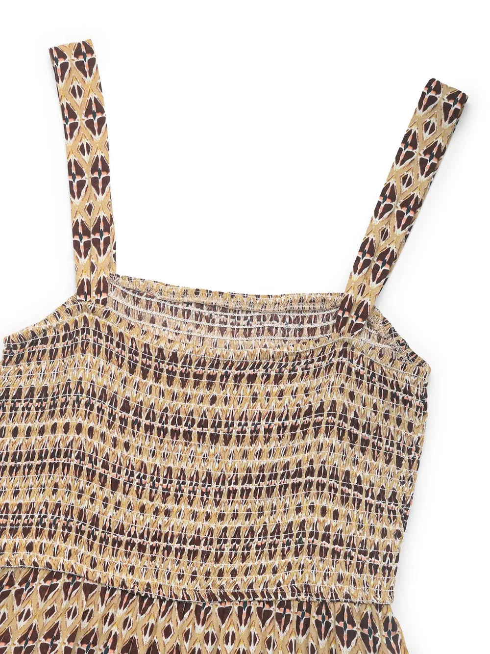 Printed Tiered Wide Strap Midi Dress in Camel