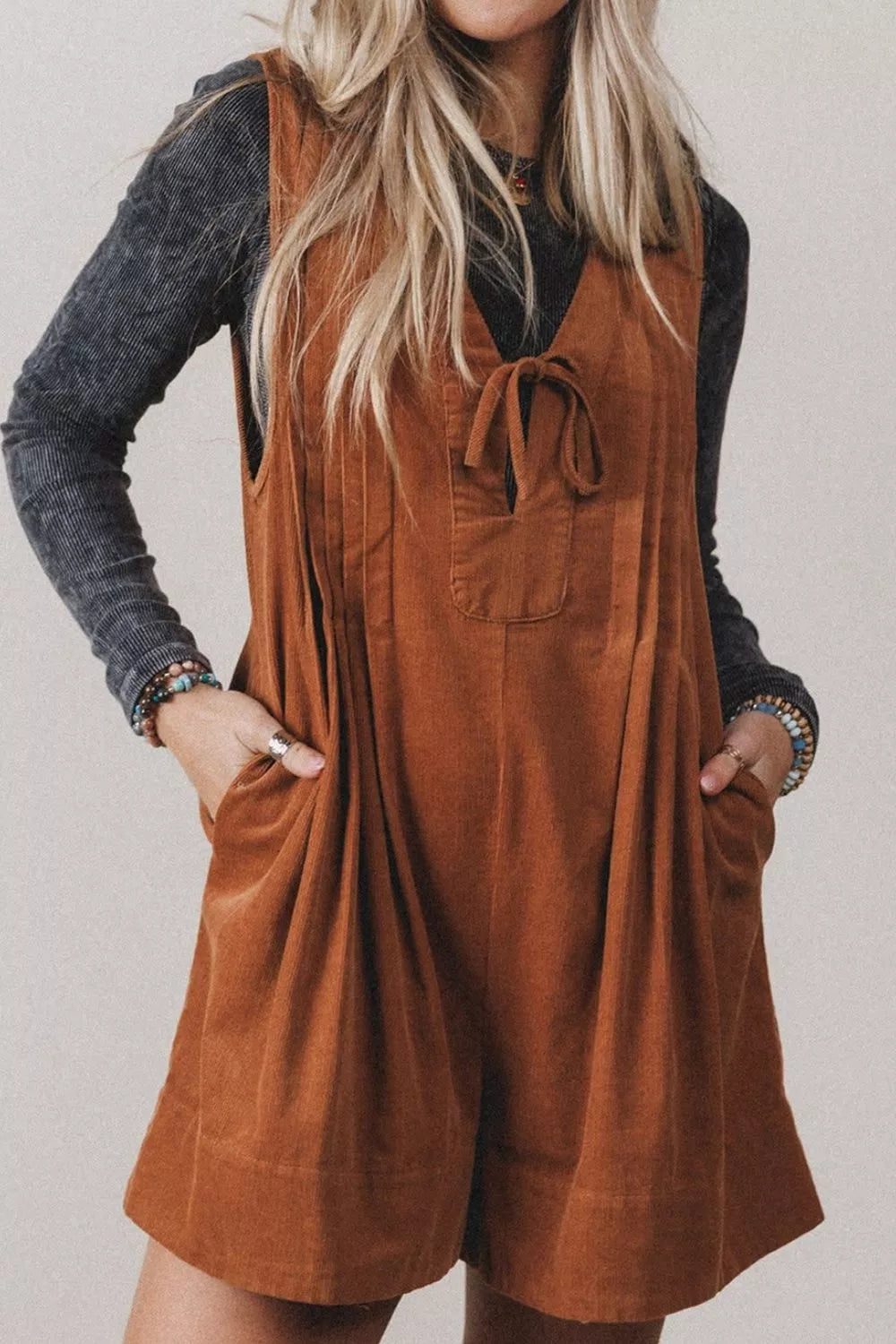 Tie V-Neck Corduroy Romper in Caramel