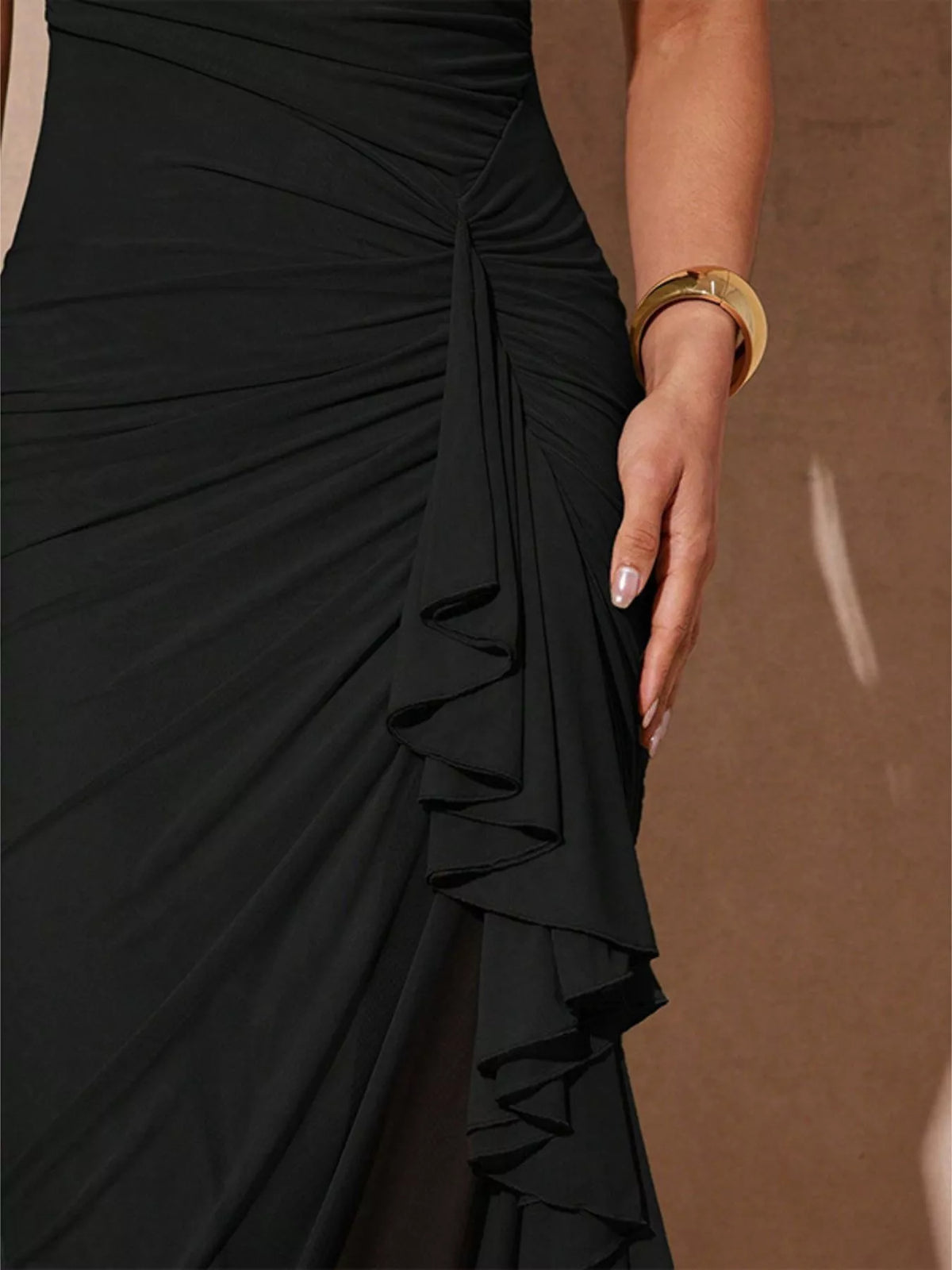 Spaghetti Strap Asymmetrical Hem Maxi Dress in Black
