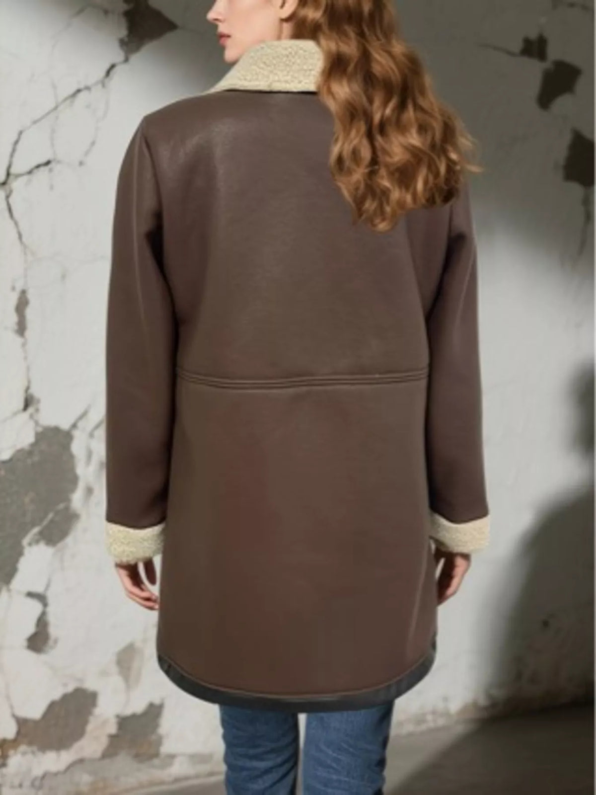 Zip-Up Sherpa Leather Jacket with Pockets