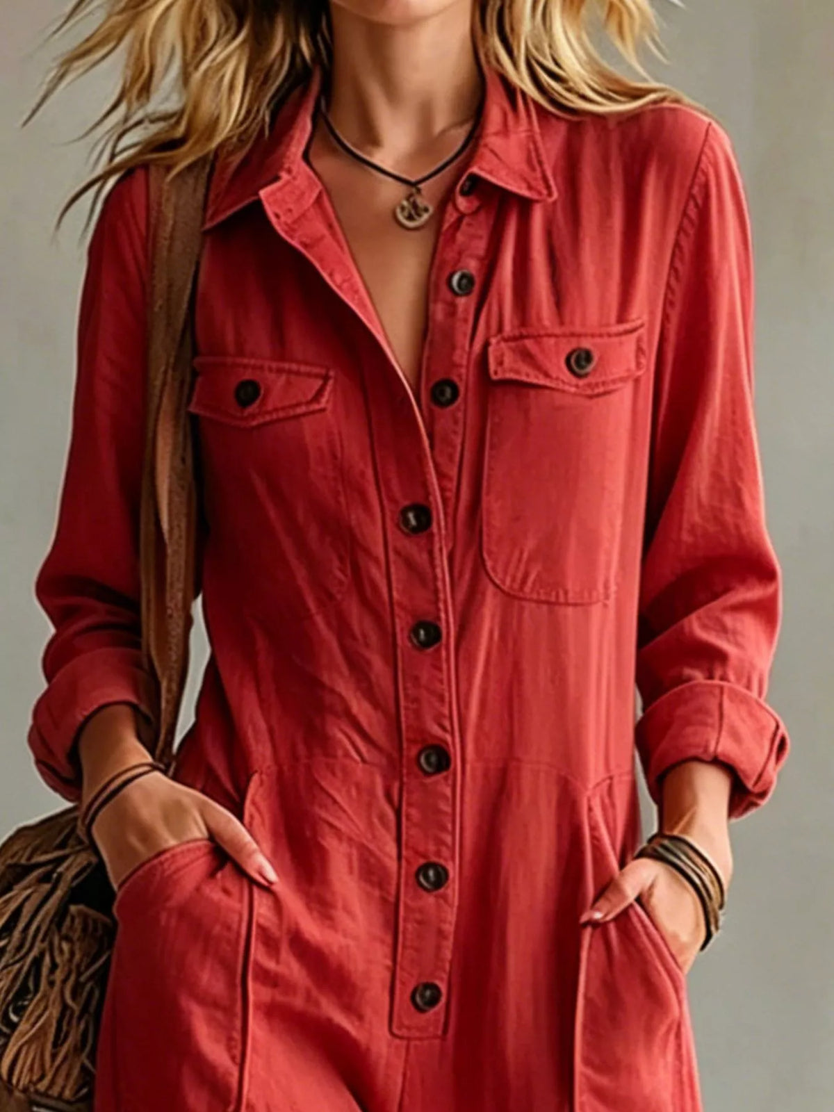 Long Sleeve Button Front Jumpsuit