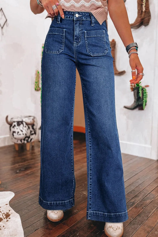 Front Patch-Pocket High Waist Wide Leg Jeans in Medium Wash