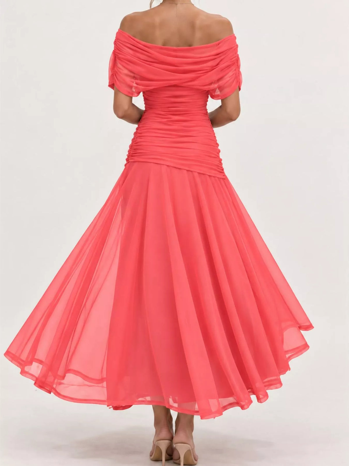 Off-Shoulder Ruched Tulle Evening Maxi Dress