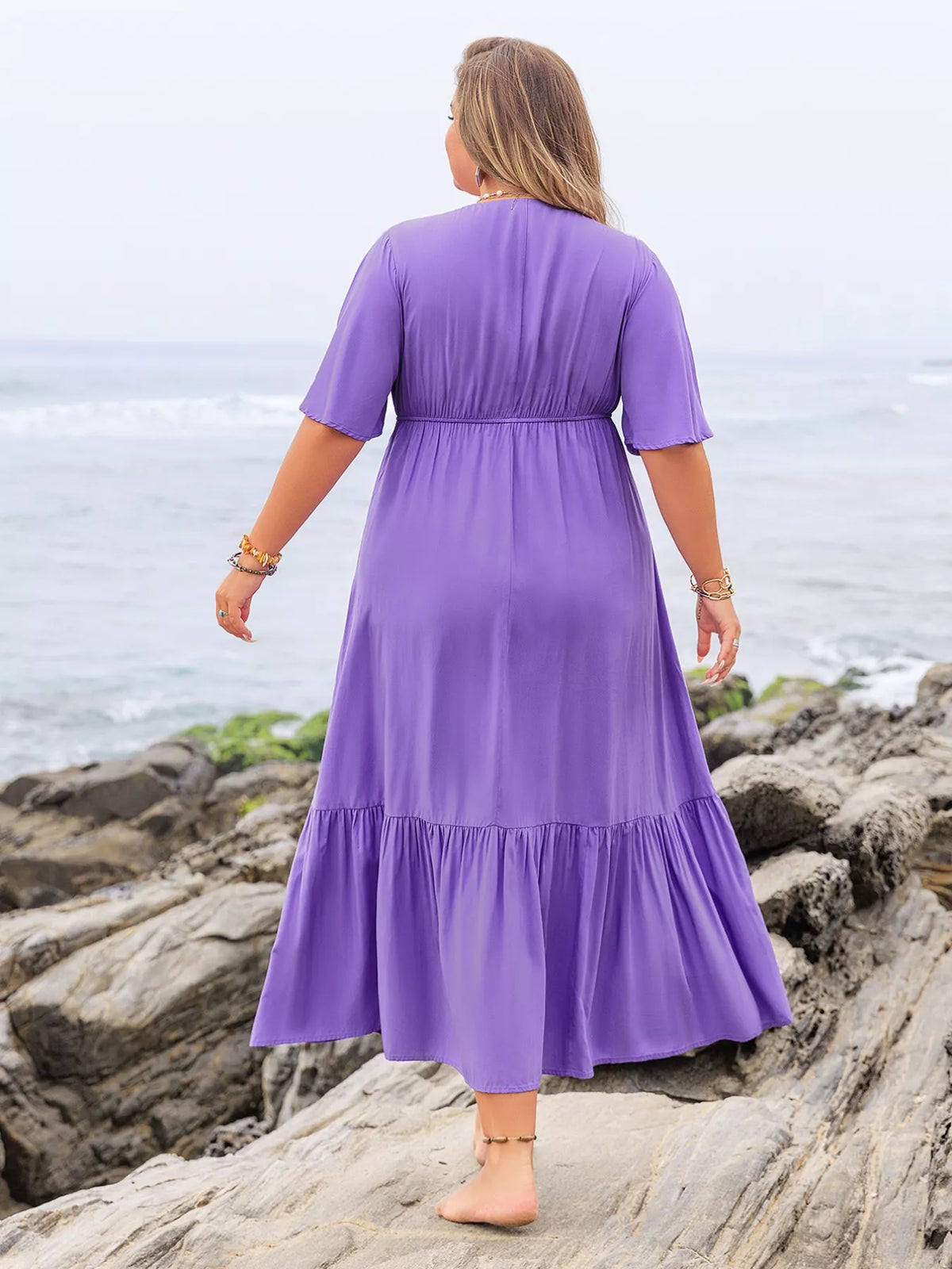 Flutter Sleeve Tiered Maxi Dress in Blue Purple