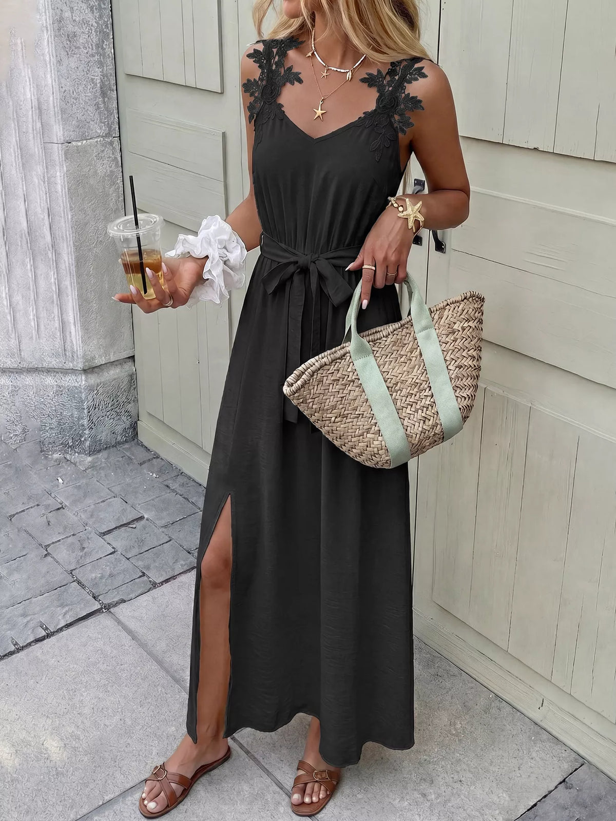 Lace Trim Slit Maxi Dress in Black