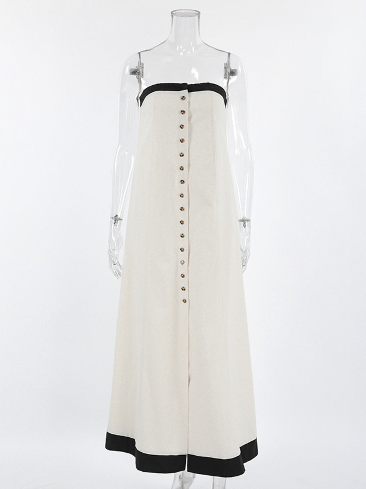 Contrast Trim Button-Front Maxi Dress in Beige